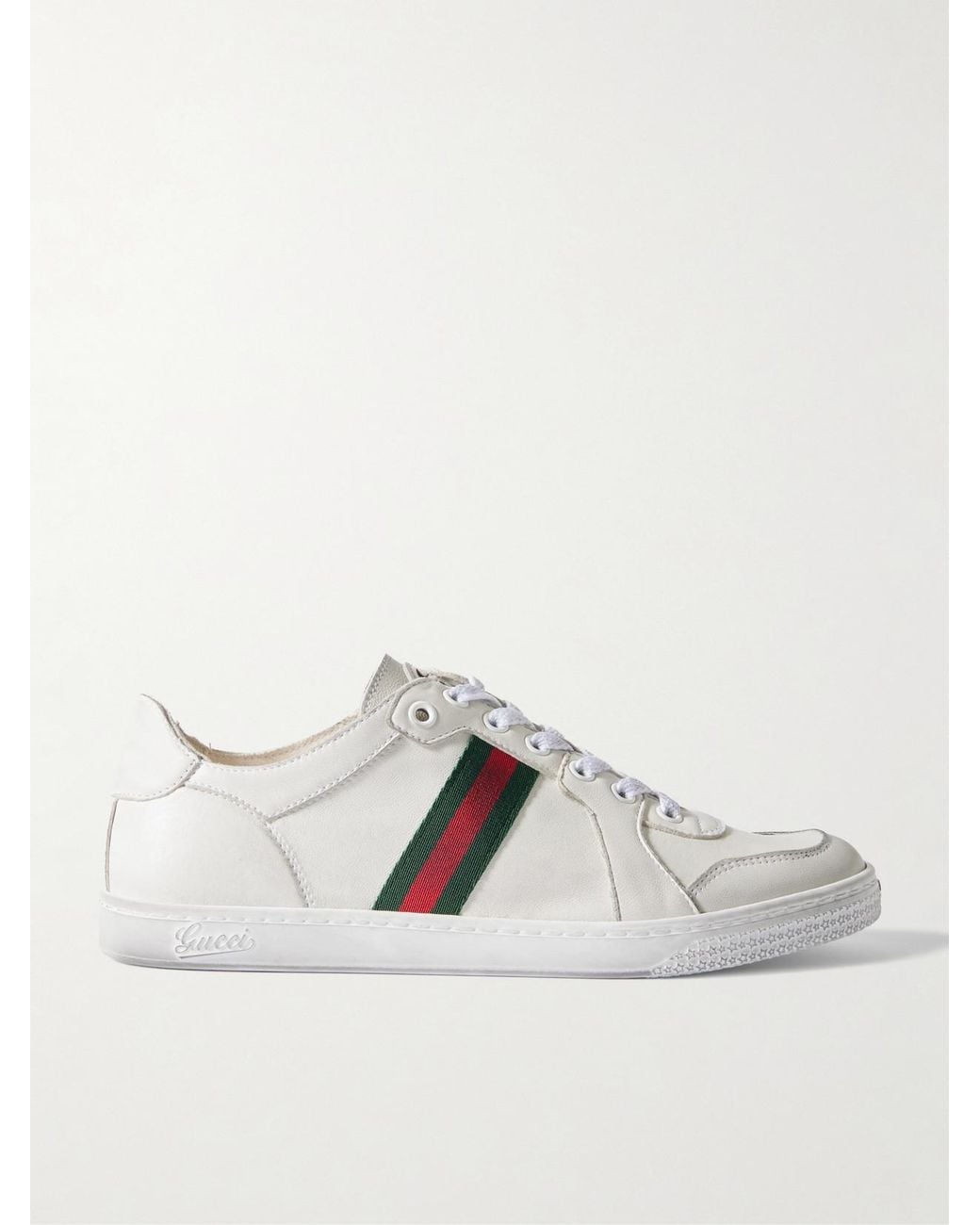 Gucci White Stretch Distressed Webbing-Trimmed Leather Sneakers