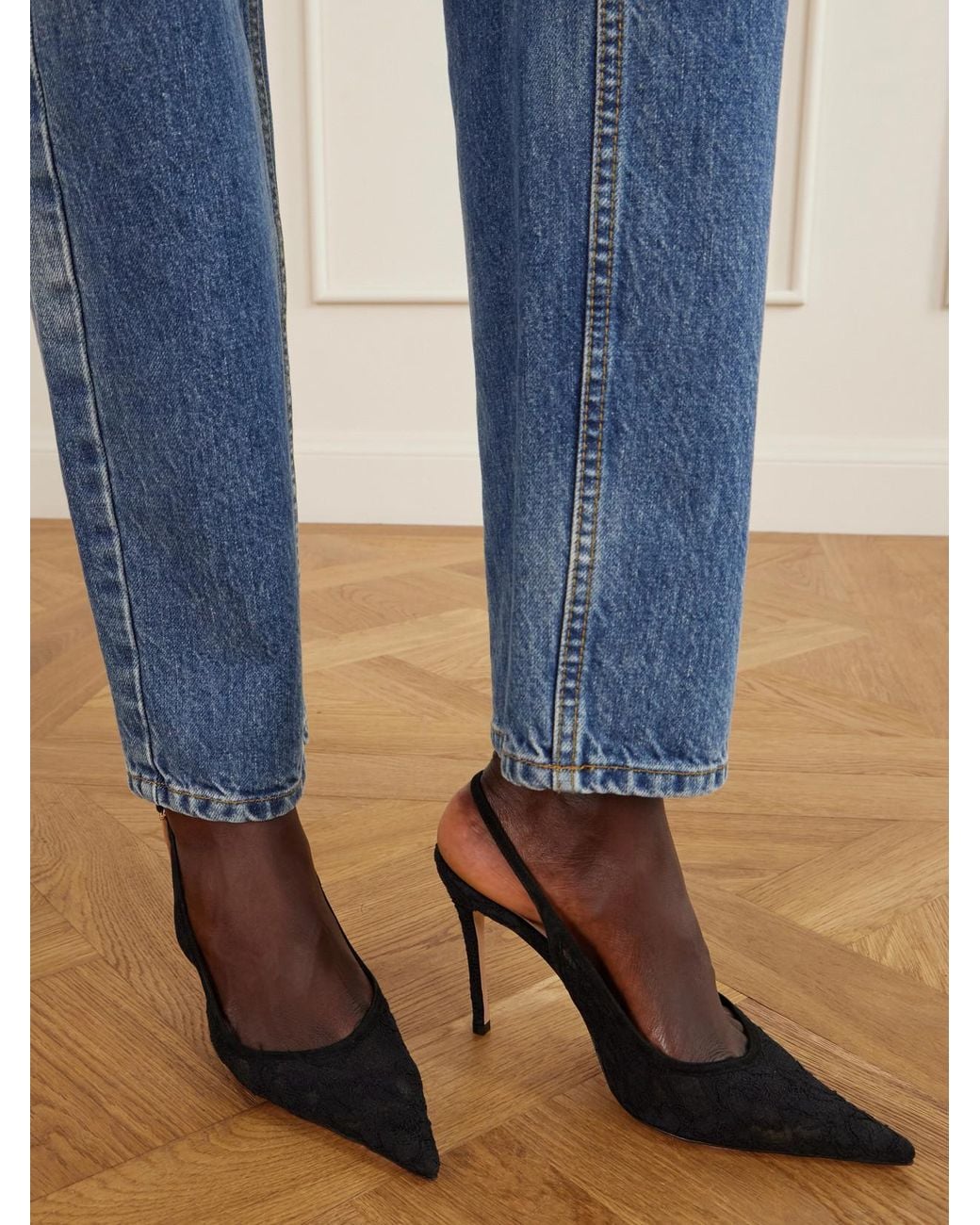 Gianvito Rossi Black Sofia 95 Suede-Trimmed Lace Slingback Pumps