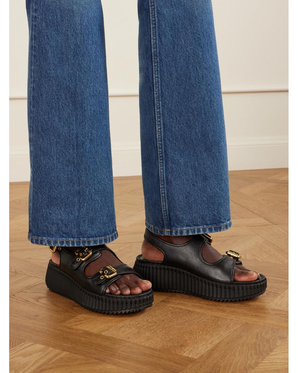 Chloé Black Nama Buckled Leather Wedge Sandals