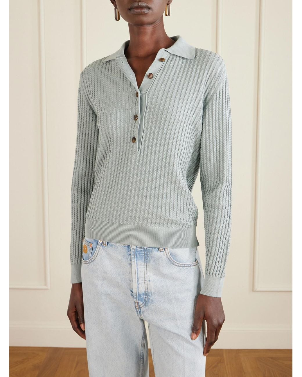 Blazé Milano Blue Alegria Cable-Knit Cotton And Silk-Blend Polo Sweater
