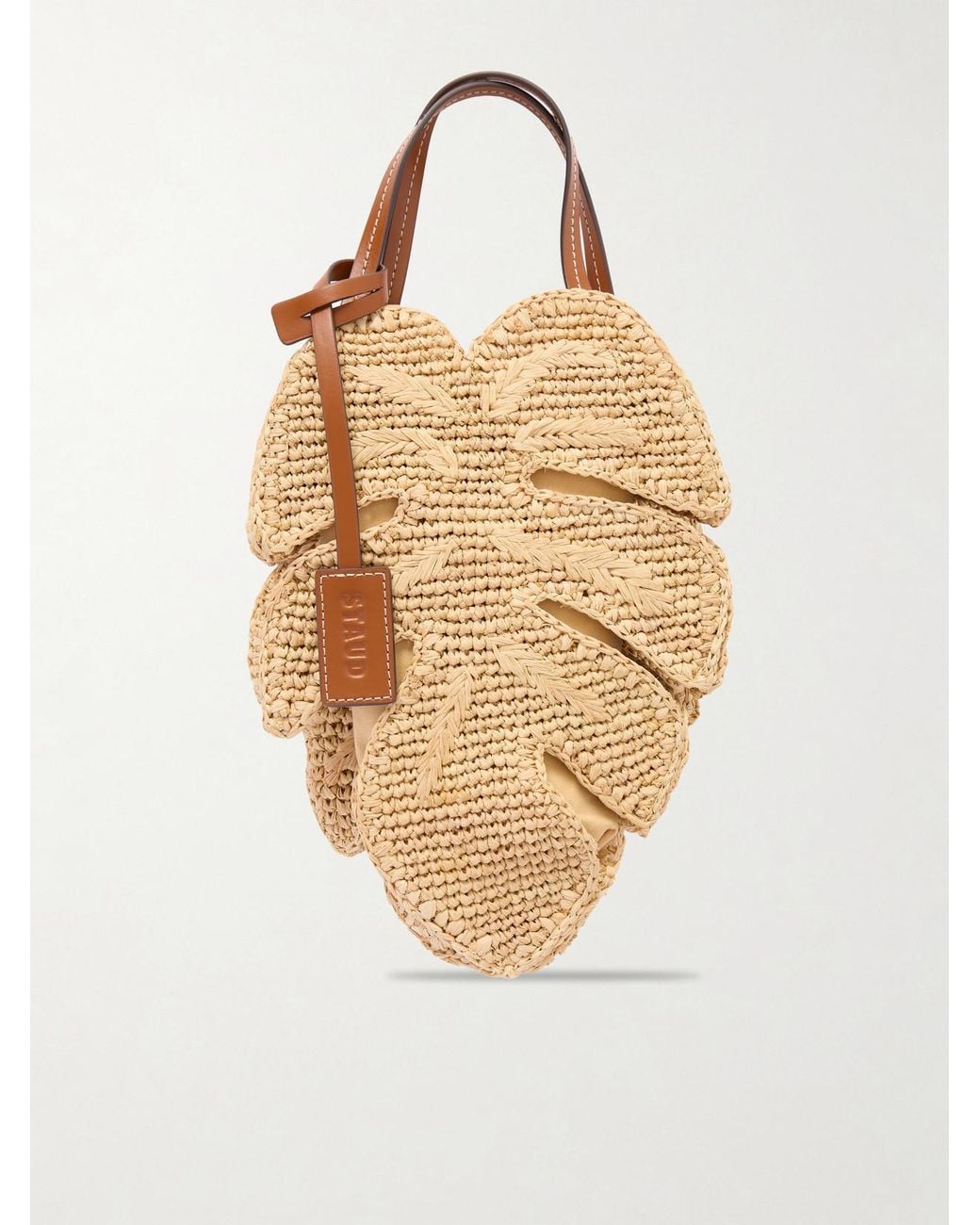 Staud Metallic Palm Leather-Trimmed Raffia Top Handle Bag