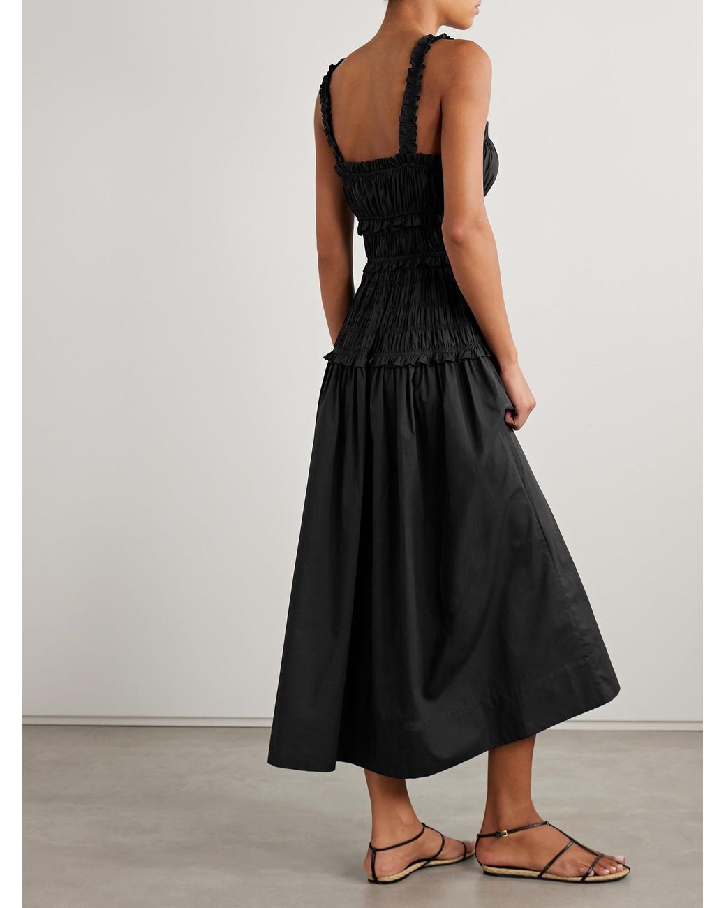 Doen Black Marianne Shirred Organic Cotton-Poplin Midi Dress