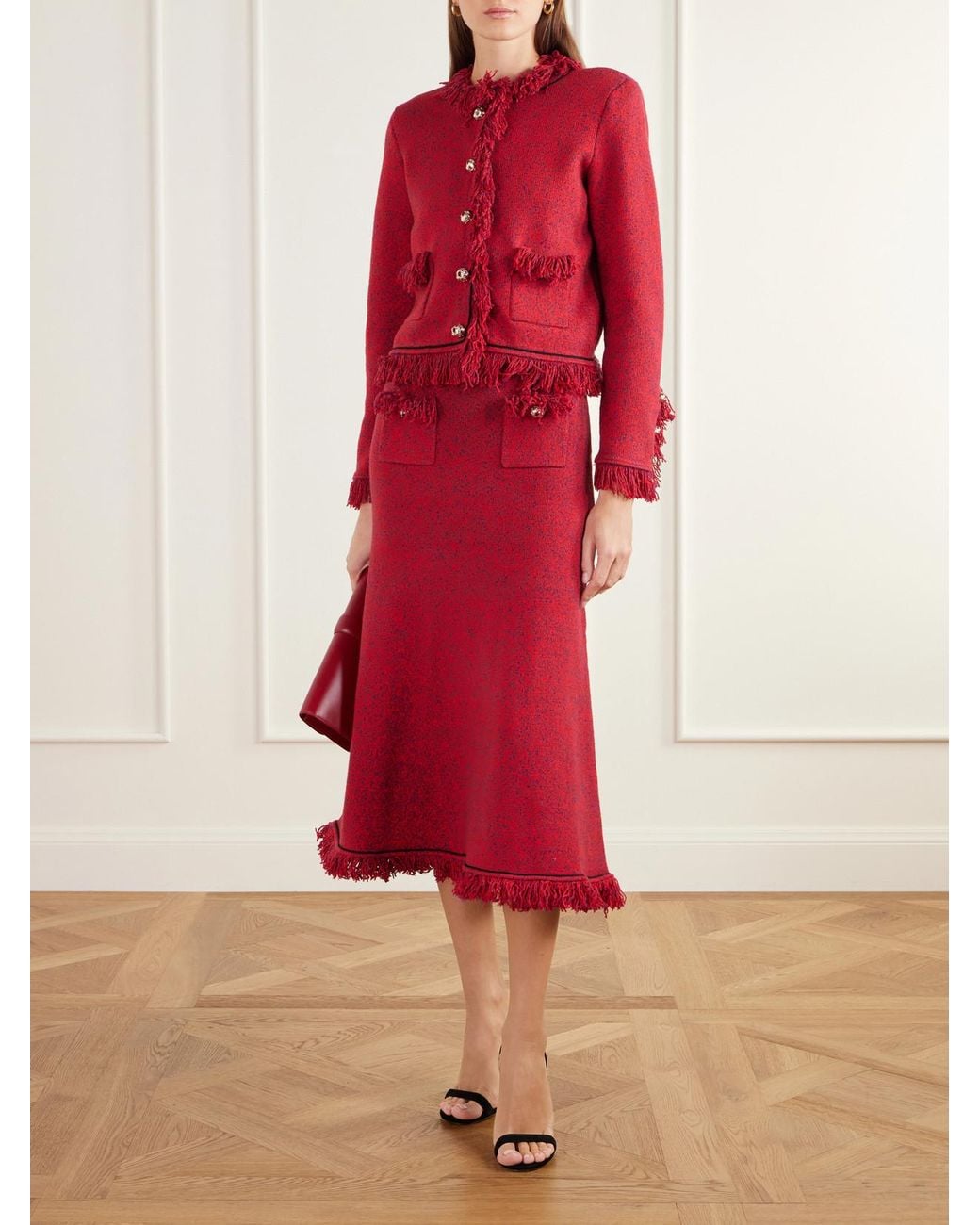 Self-Portrait Red Frayed Bouclé-Knit Midi Skirt
