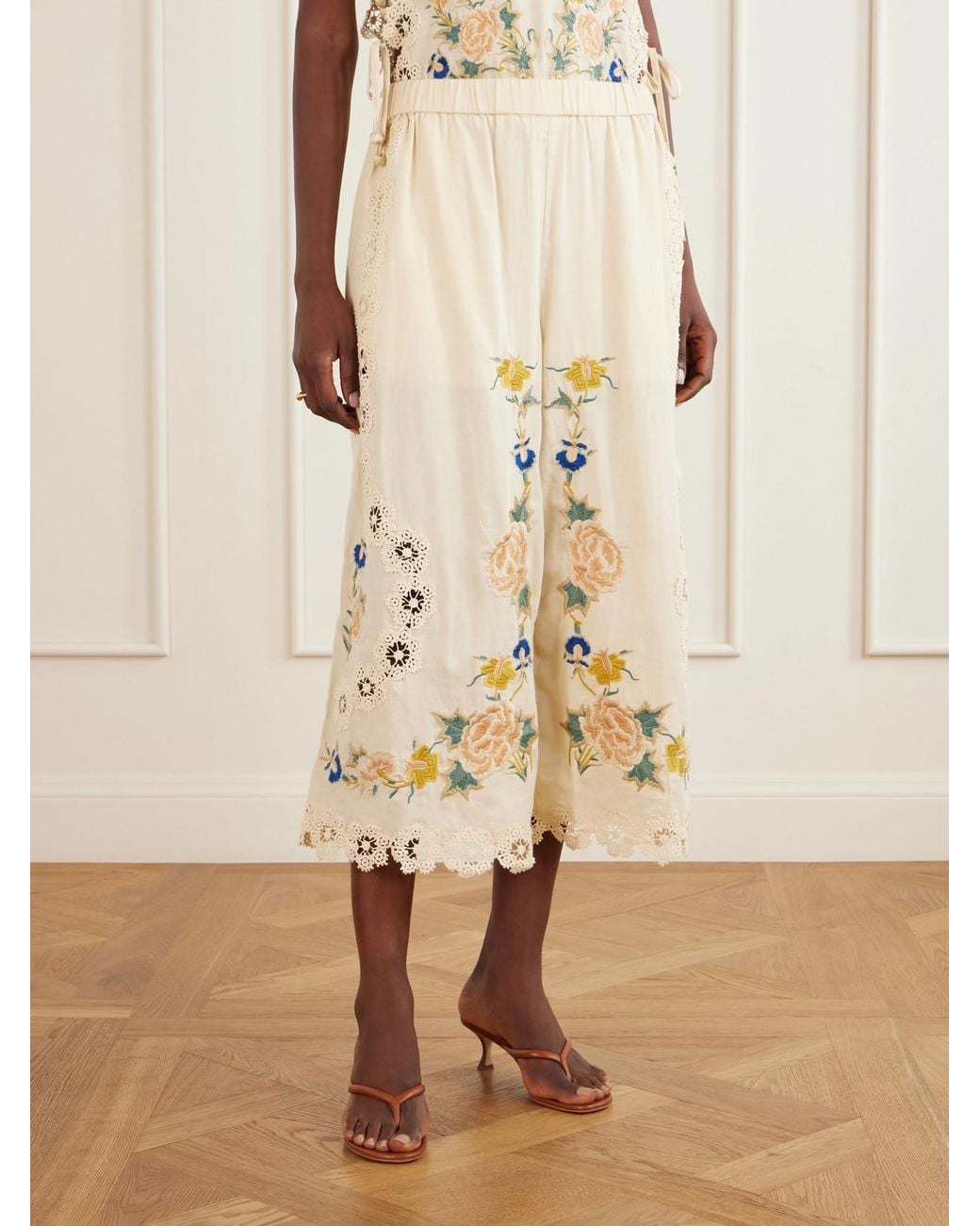 Sea Natural Addona Floral-Embroidered Broderie Anglaise-Trimmed Cotton Wide-Leg Pants