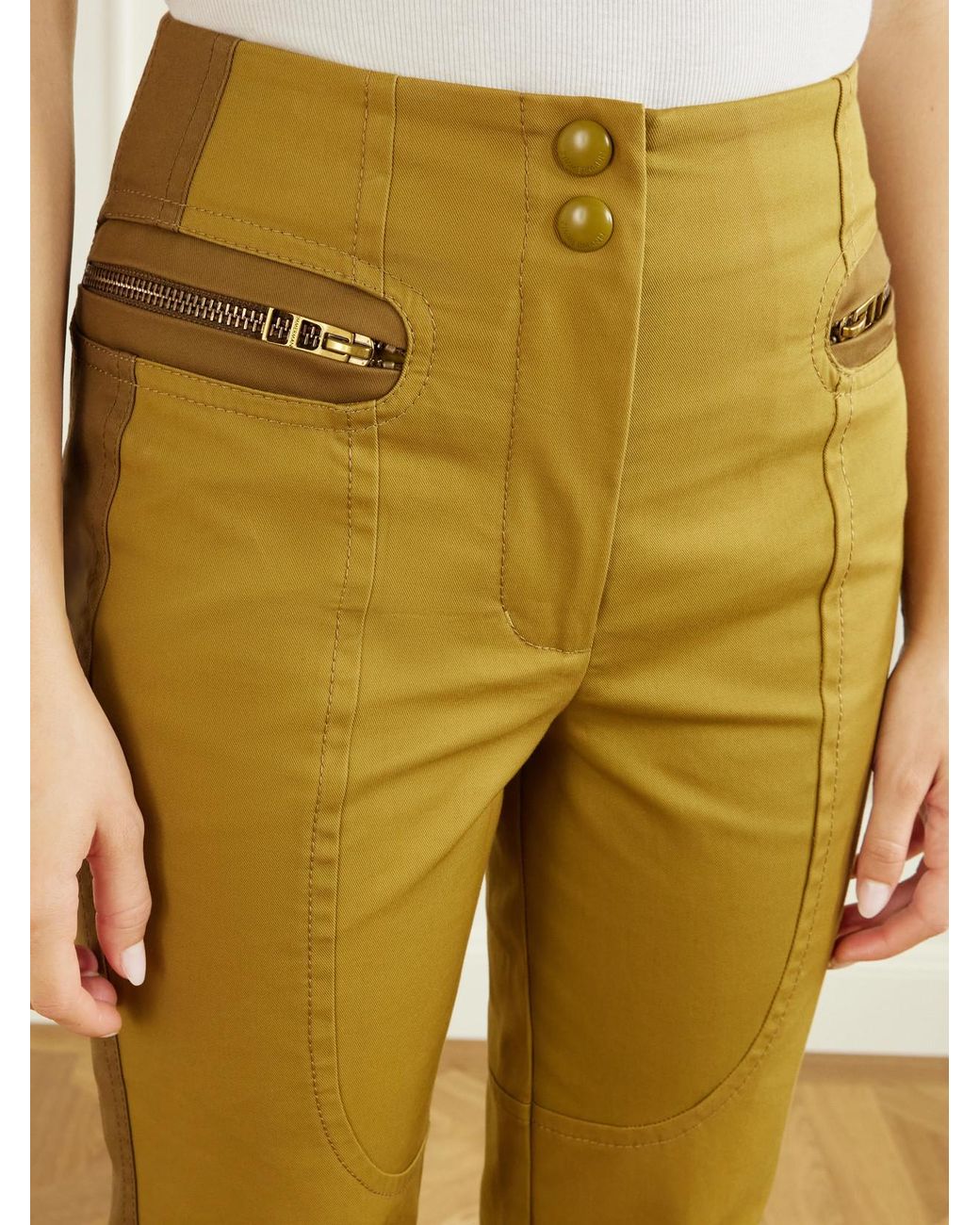 Zimmermann Yellow Valiant Two-Tone Paneled Cotton-Drill Mid-Rise Straight-Leg Pants