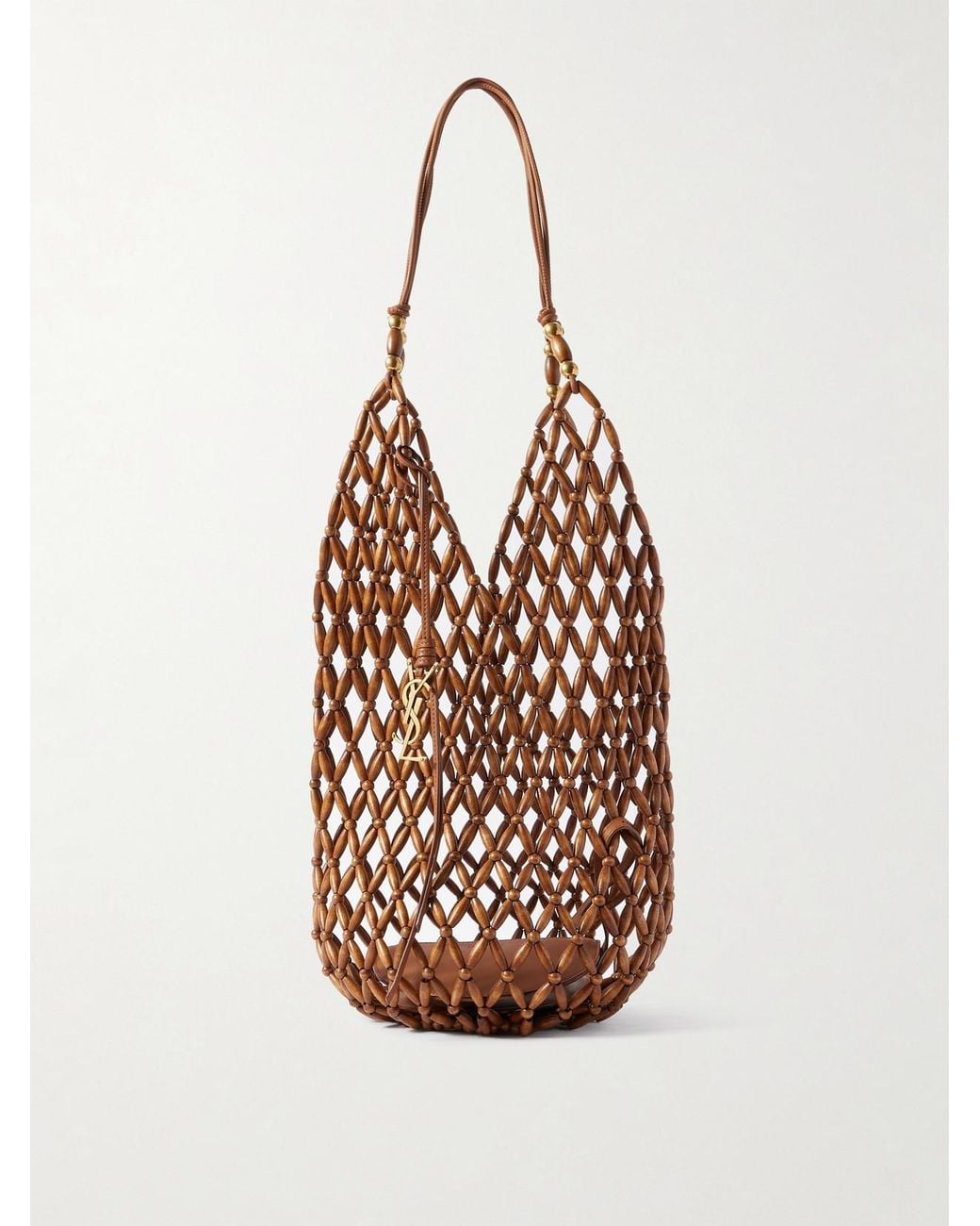 Saint Laurent White Leather-Trimmed Beaded Wood Tote