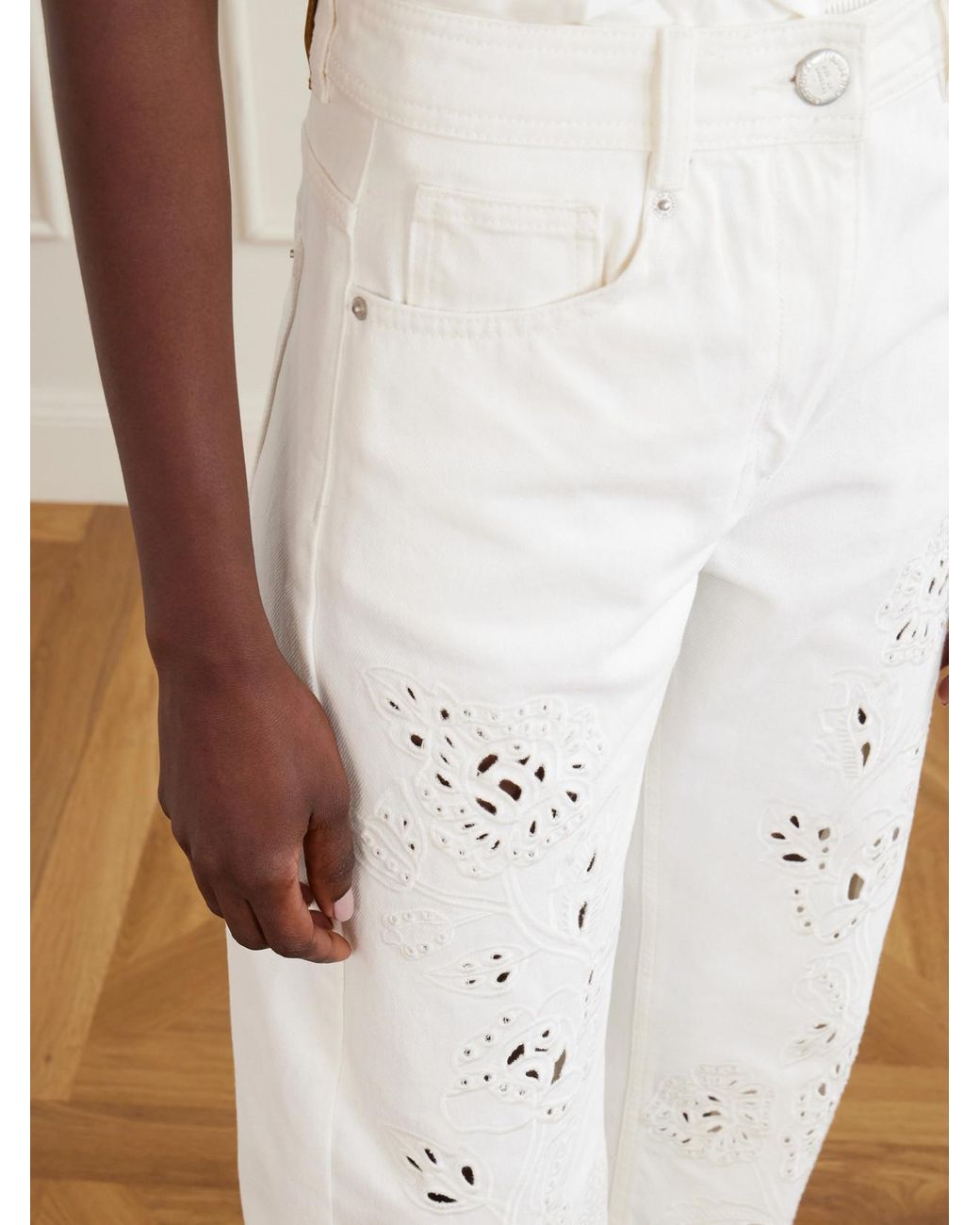 Farm Rio White Richelieu Broderie Anglaise-Trimmed Mid-Rise Straight-Leg Jeans