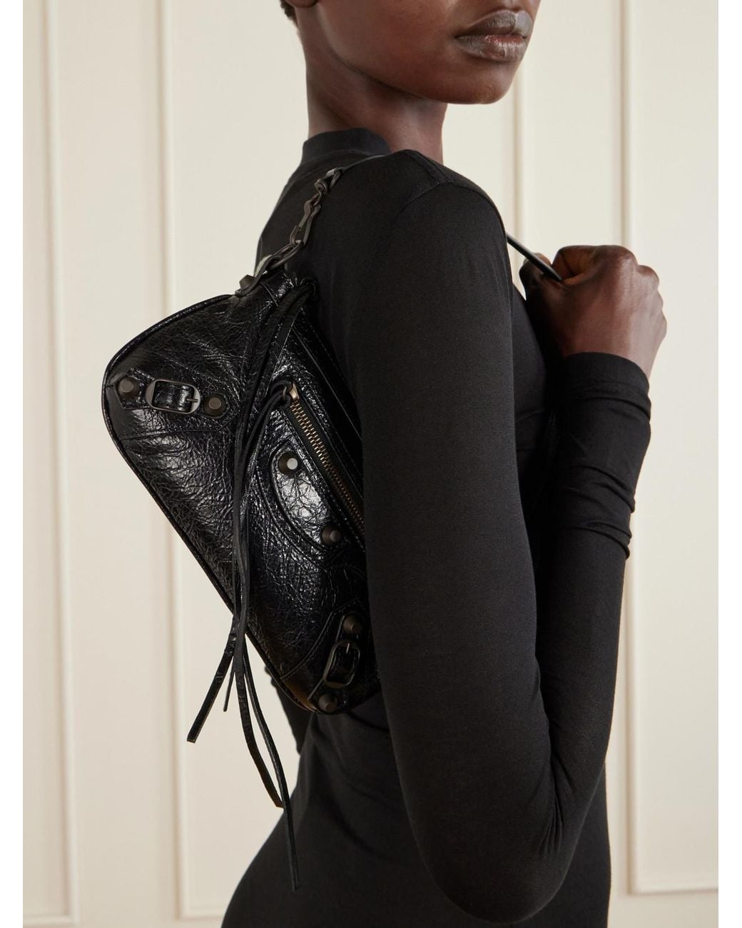 Balenciaga Black Le City Pouch On A Strap Embellished Crinkled-Leather Shoulder Bag