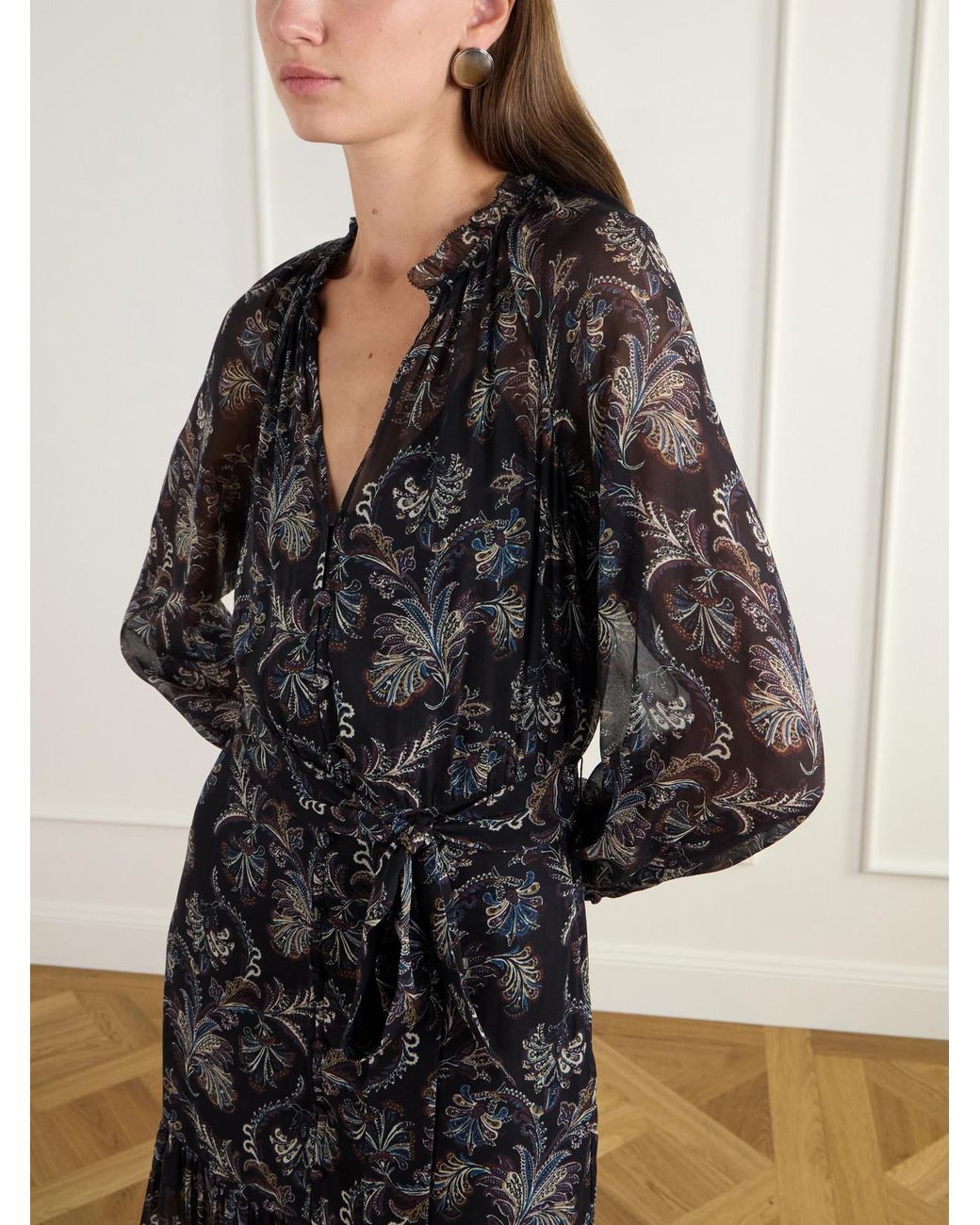 Veronica Beard Gray Isra Belted Gathered Paisley-Print Silk-Georgette Maxi Dress
