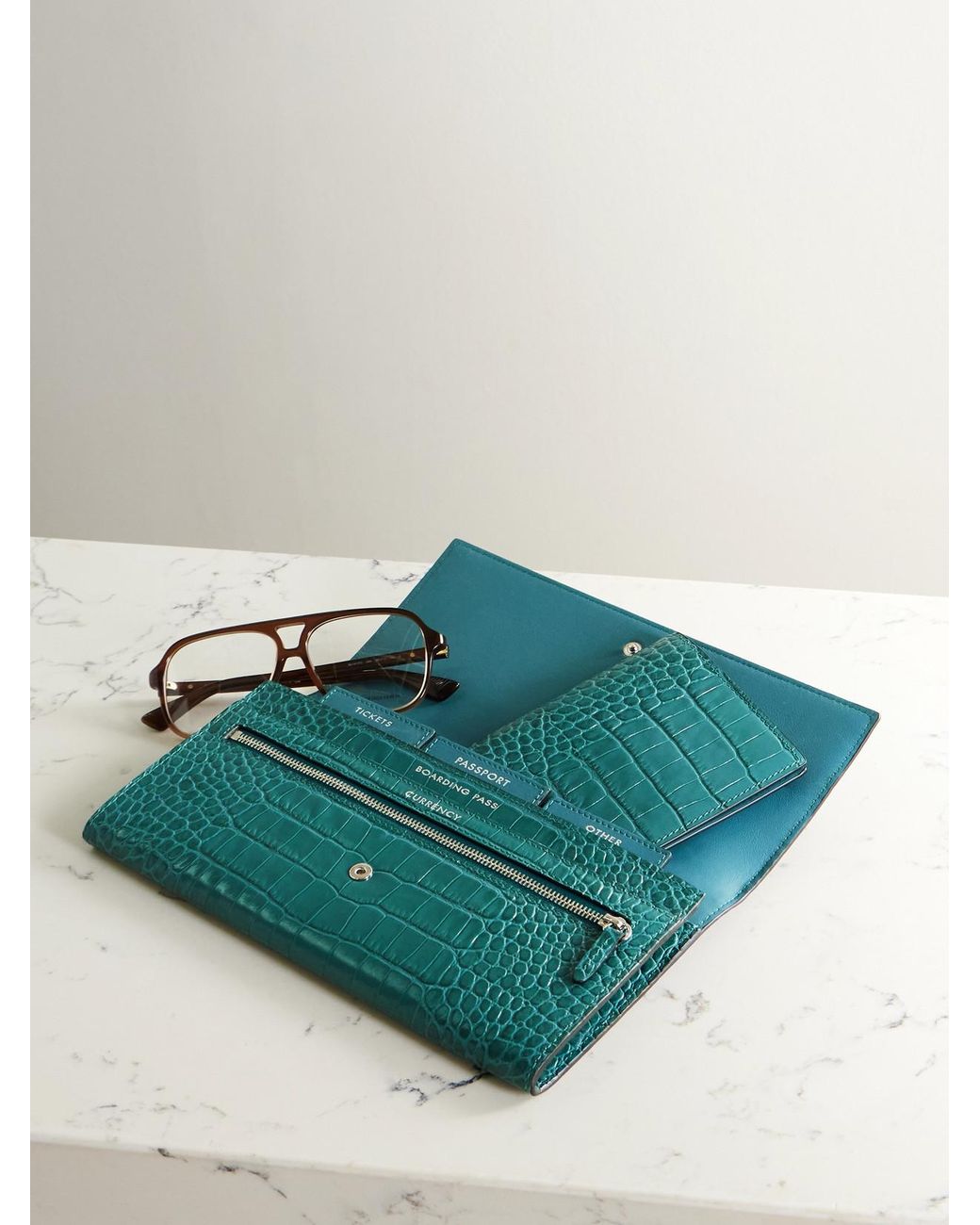 Smythson Green Mara Croc-Effect Leather Passport Holder