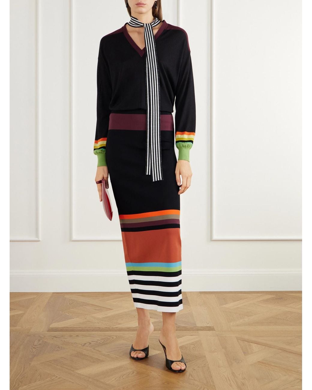 Christopher John Rogers Black Tie-Detailed Striped Wool And Silk-Blend Sweater