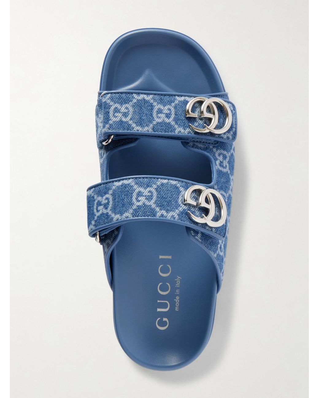 Gucci Blue Embellished Printed Denim Sandals