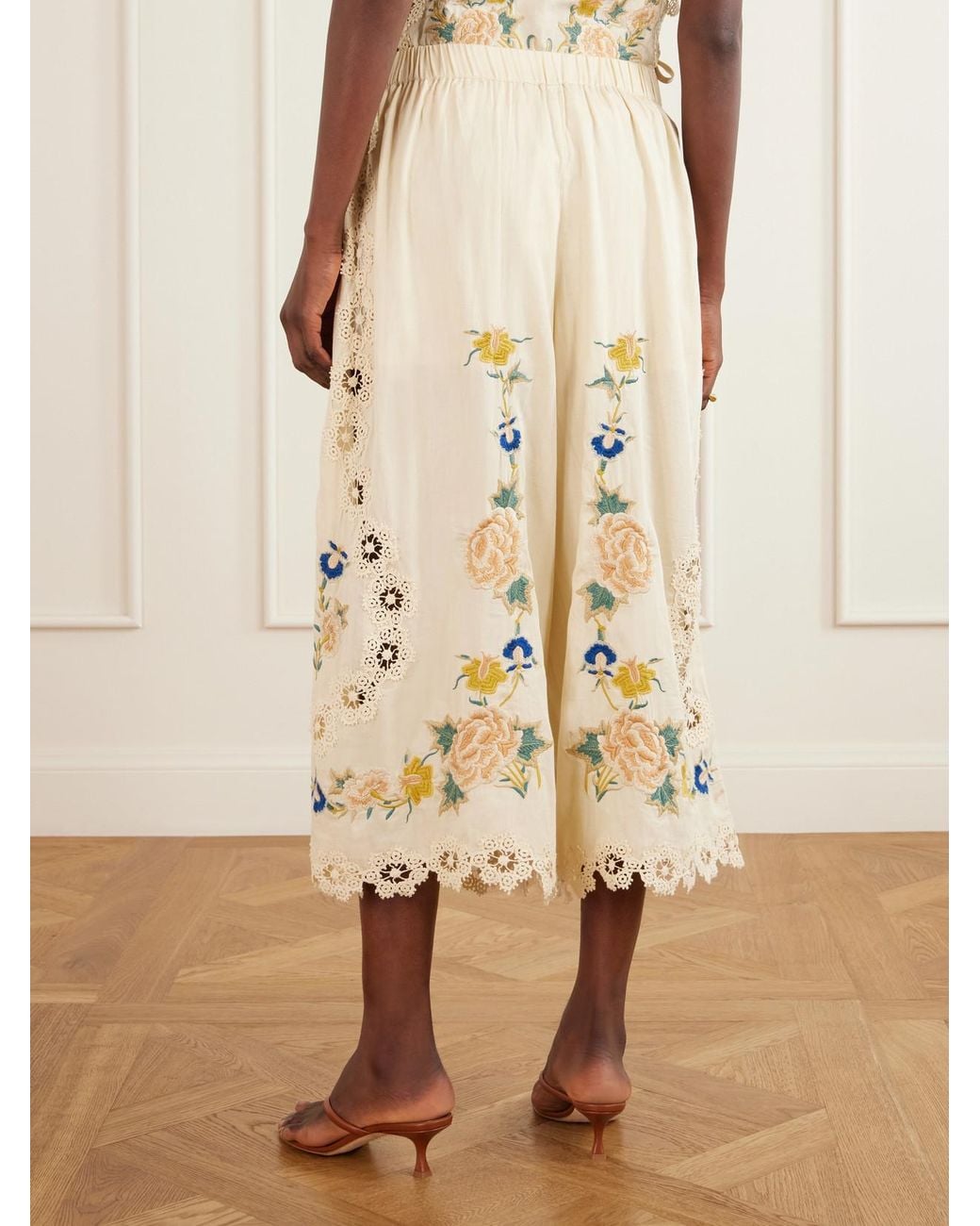 Sea Natural Addona Floral-Embroidered Broderie Anglaise-Trimmed Cotton Wide-Leg Pants