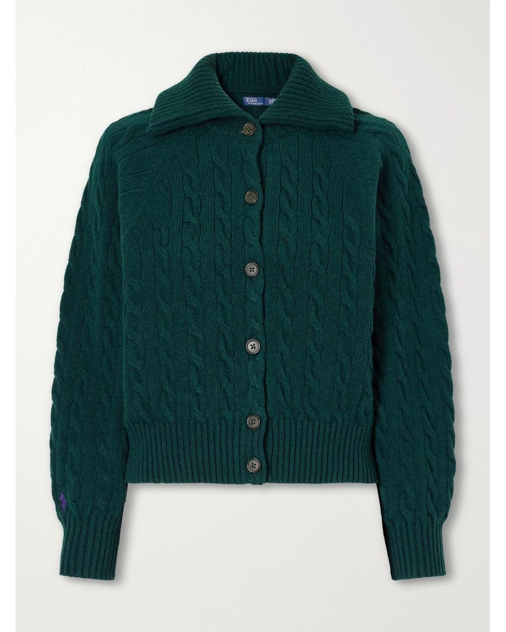 Polo Ralph Lauren Green Cropped Cable-Knit Wool And Cashmere-Blend Cardigan