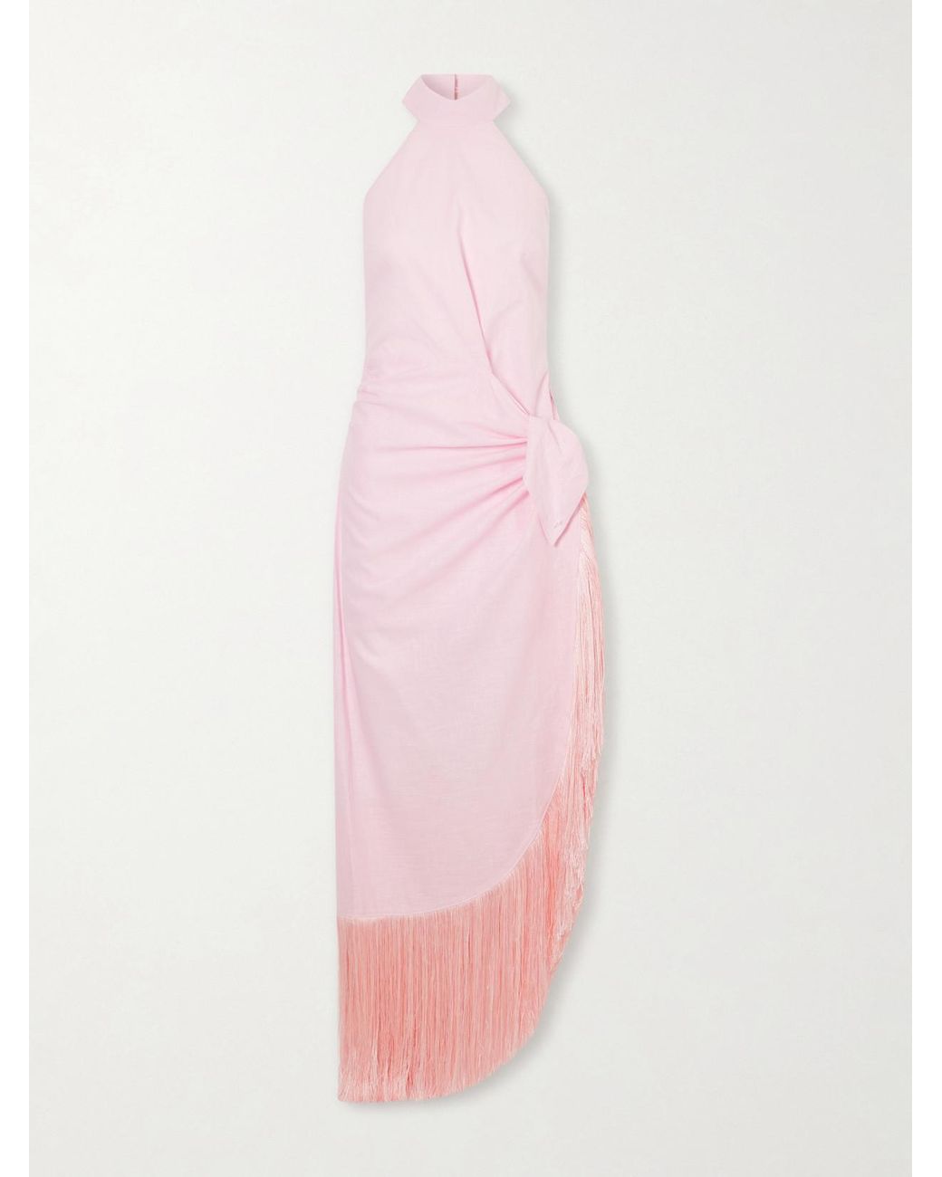 Taller Marmo Pink Athena Halterneck Fringe-Trimmed Linen Midi Dress