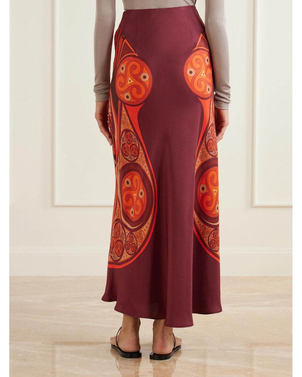 LaDoubleJ Red Sleek Printed Silk-Twill Maxi Skirt