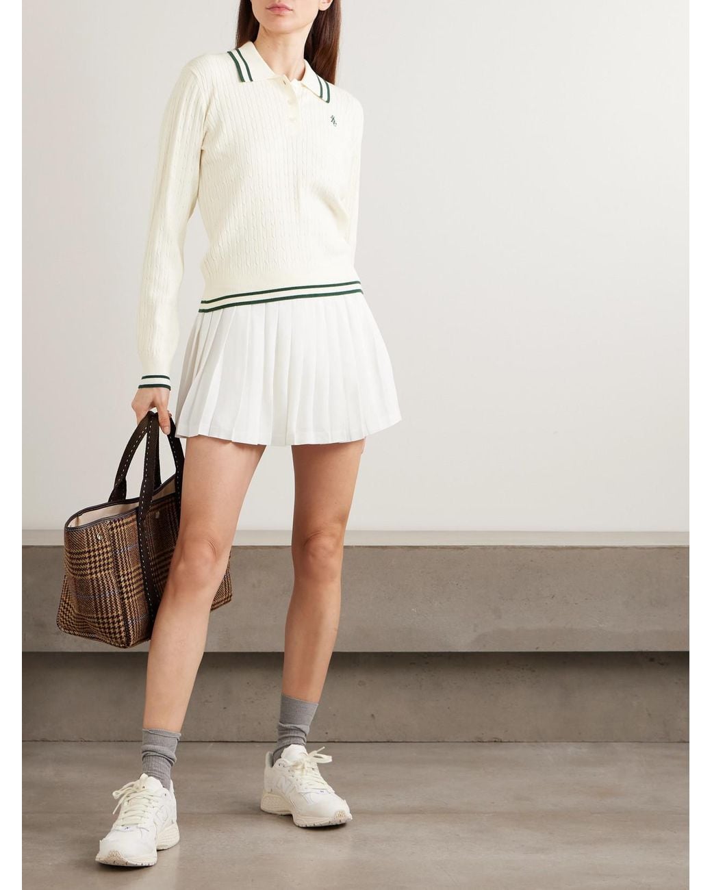 Sporty & Rich Natural Embroidered Striped Cable-Knit Polo Sweater