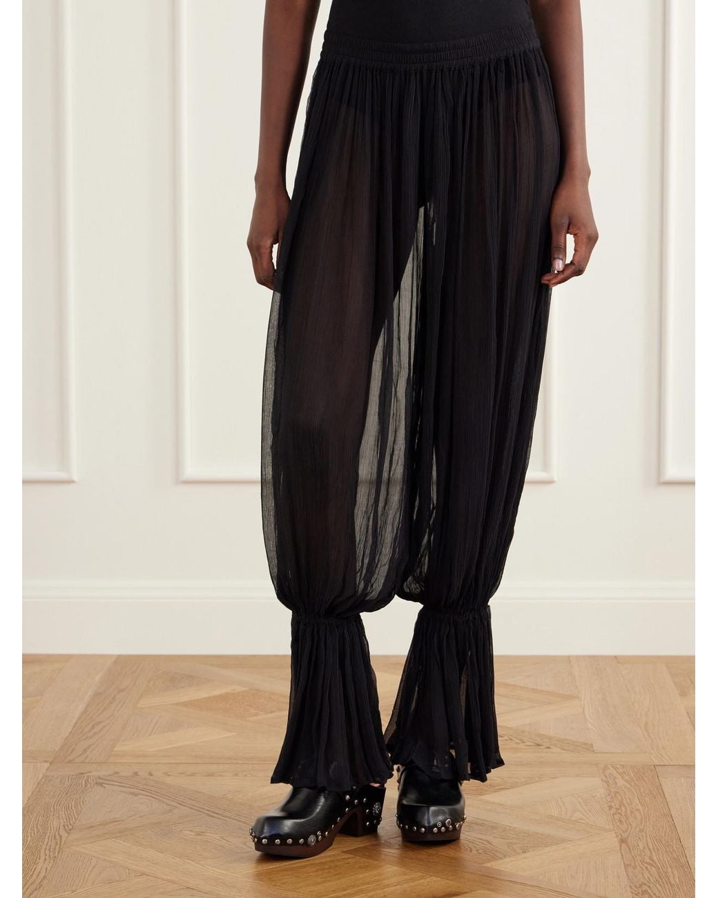 Alix Of Bohemia Black Keats Onyx Gathered Chiffon Tapered Pants