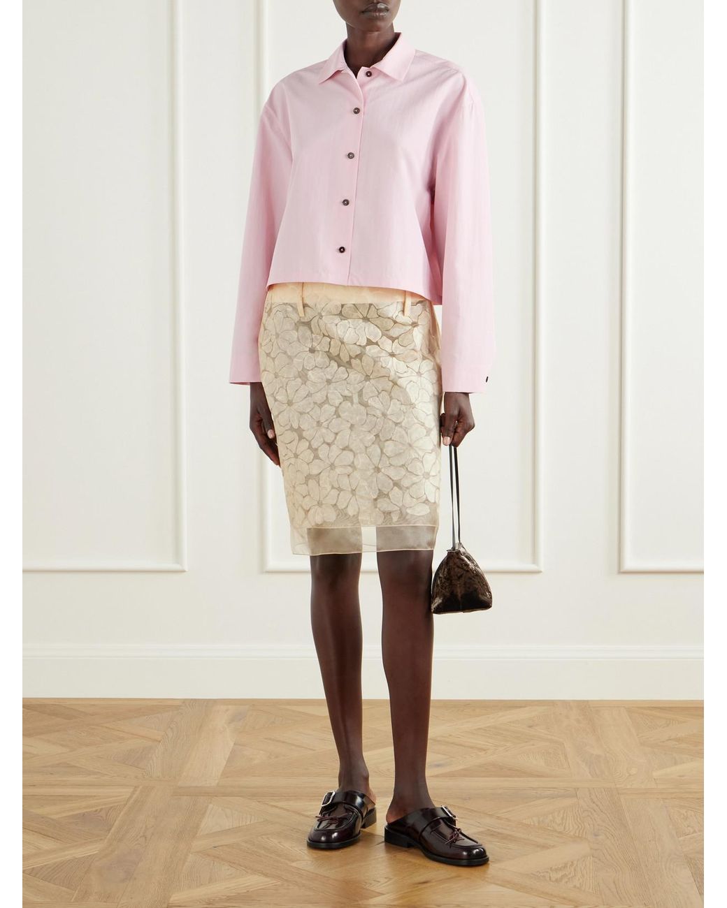 Marni Natural Tiered Floral-Appliquéd Organza Midi Skirt