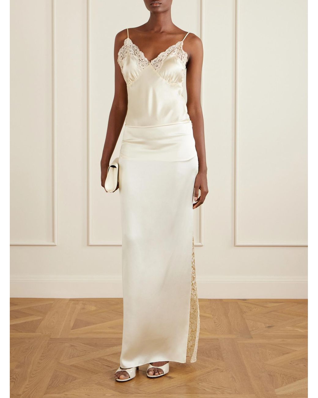 Colleen Allen White Lace-Trimmed Silk-Satin Maxi Skirt