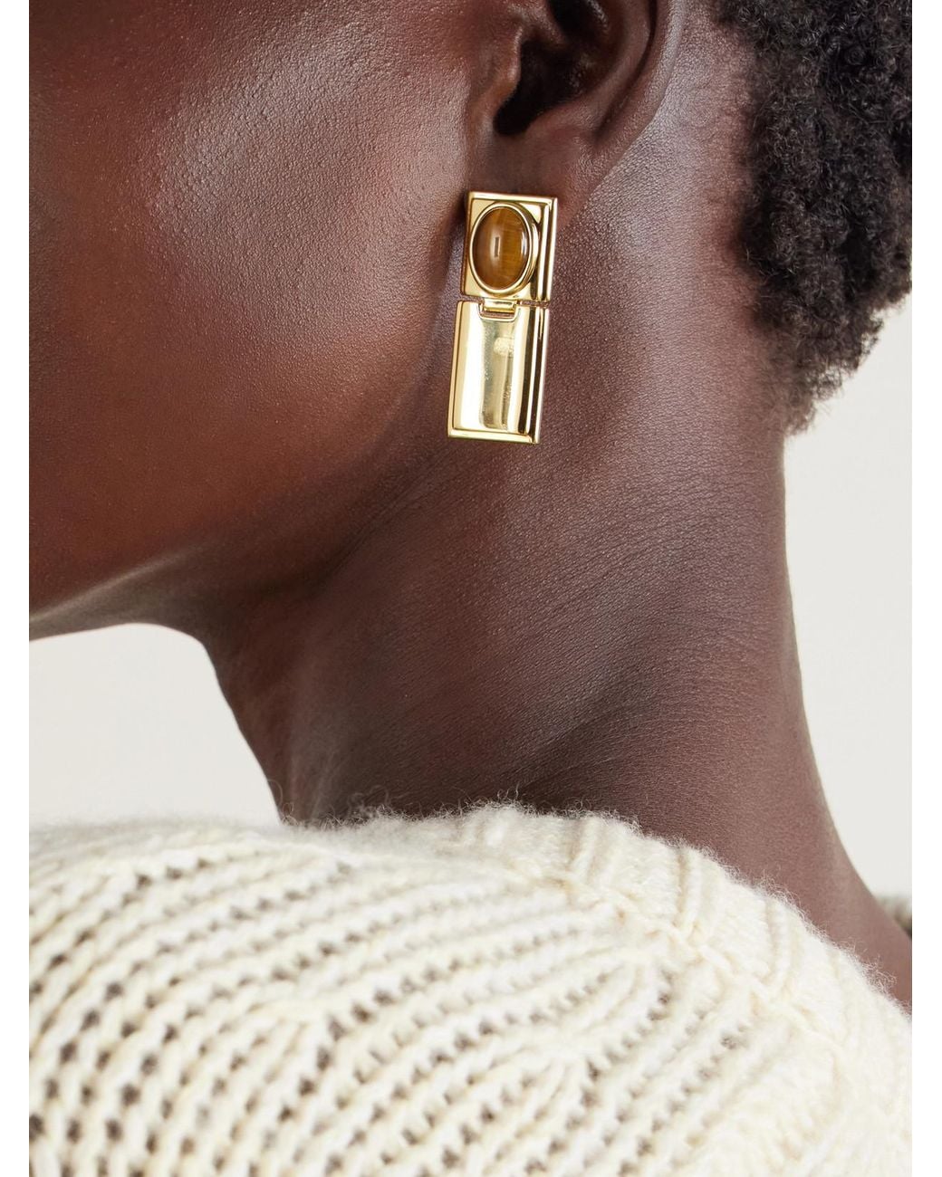 DEHANCHE Metallic Signet Stone Hinge-Plated Tiger's Eye Earrings