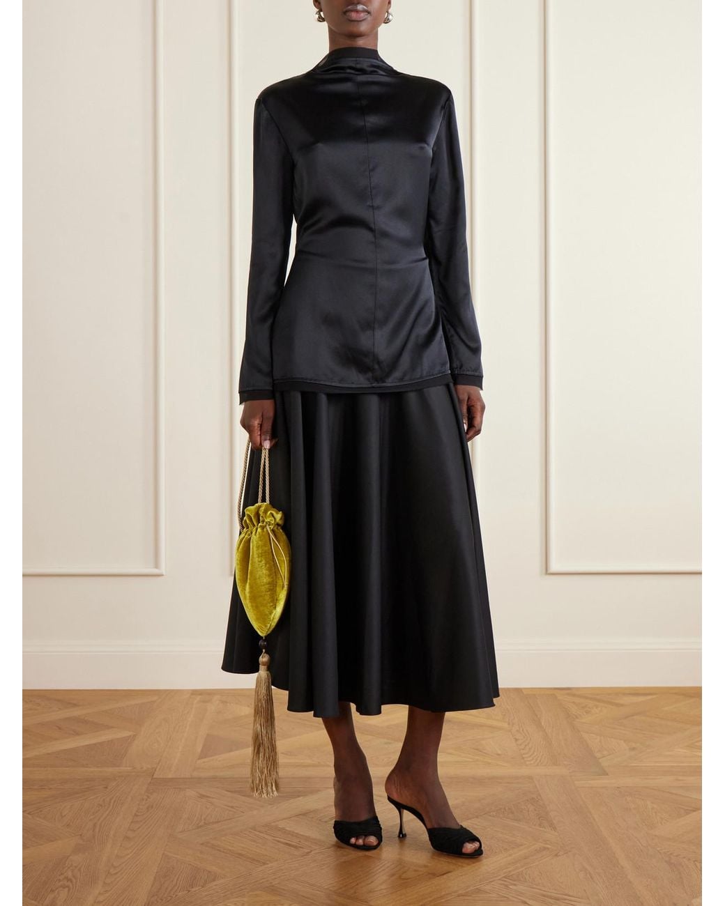 Abadia Black Pleated Cotton-Poplin Midi Skirt