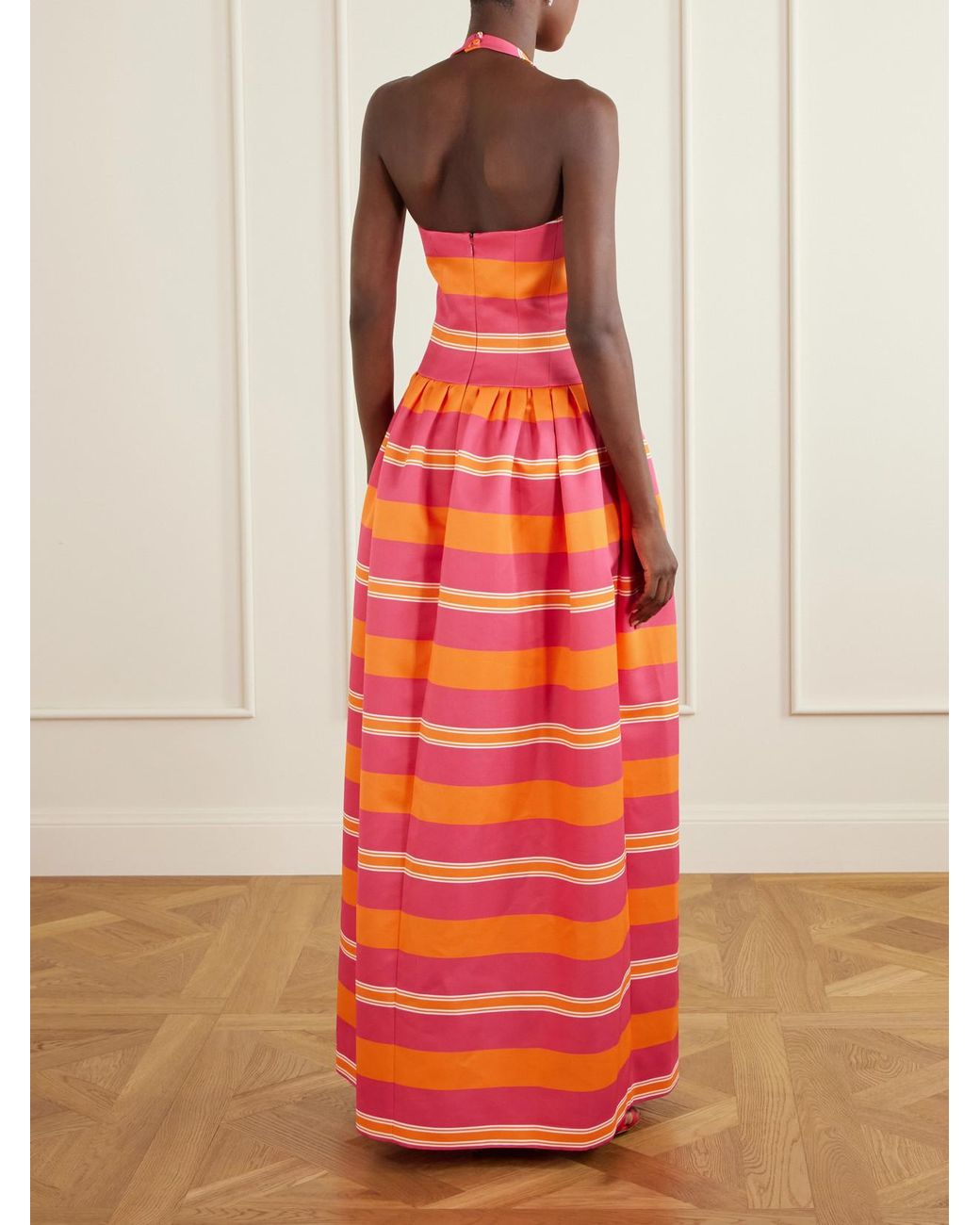 Emilia Wickstead Red Striped Bow-Detailed Striped Taffeta Halterneck Gown