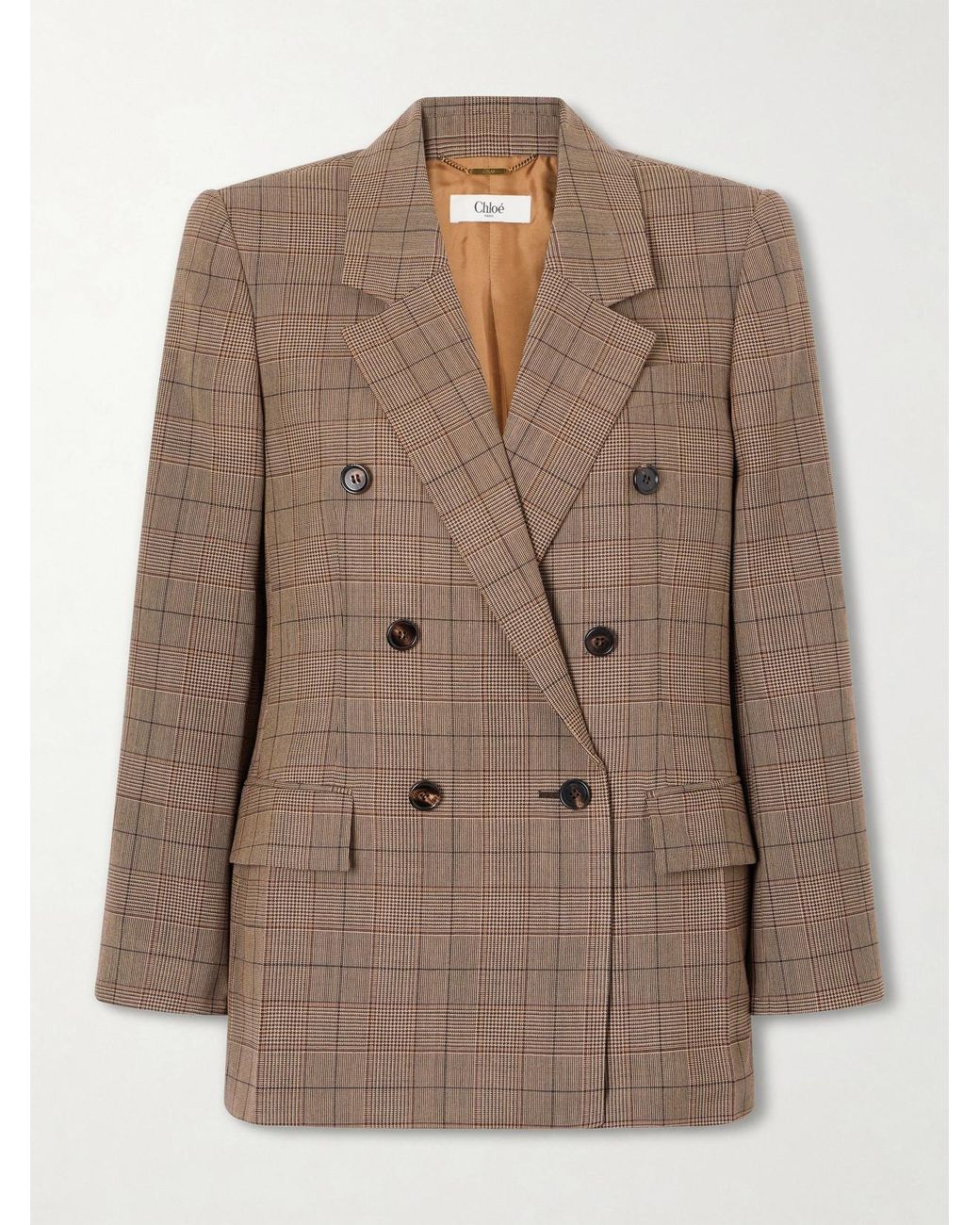 Chloé Brown Double-Breasted Checked Wool Blazer