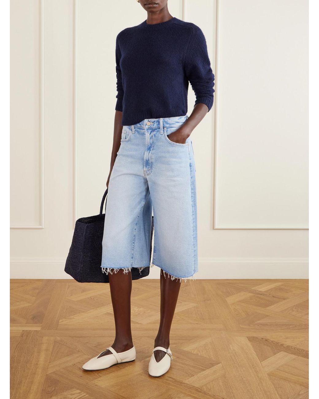 Mother Blue The Whole Lot Zip Fray Low-Rise Wide-Leg Denim Shorts