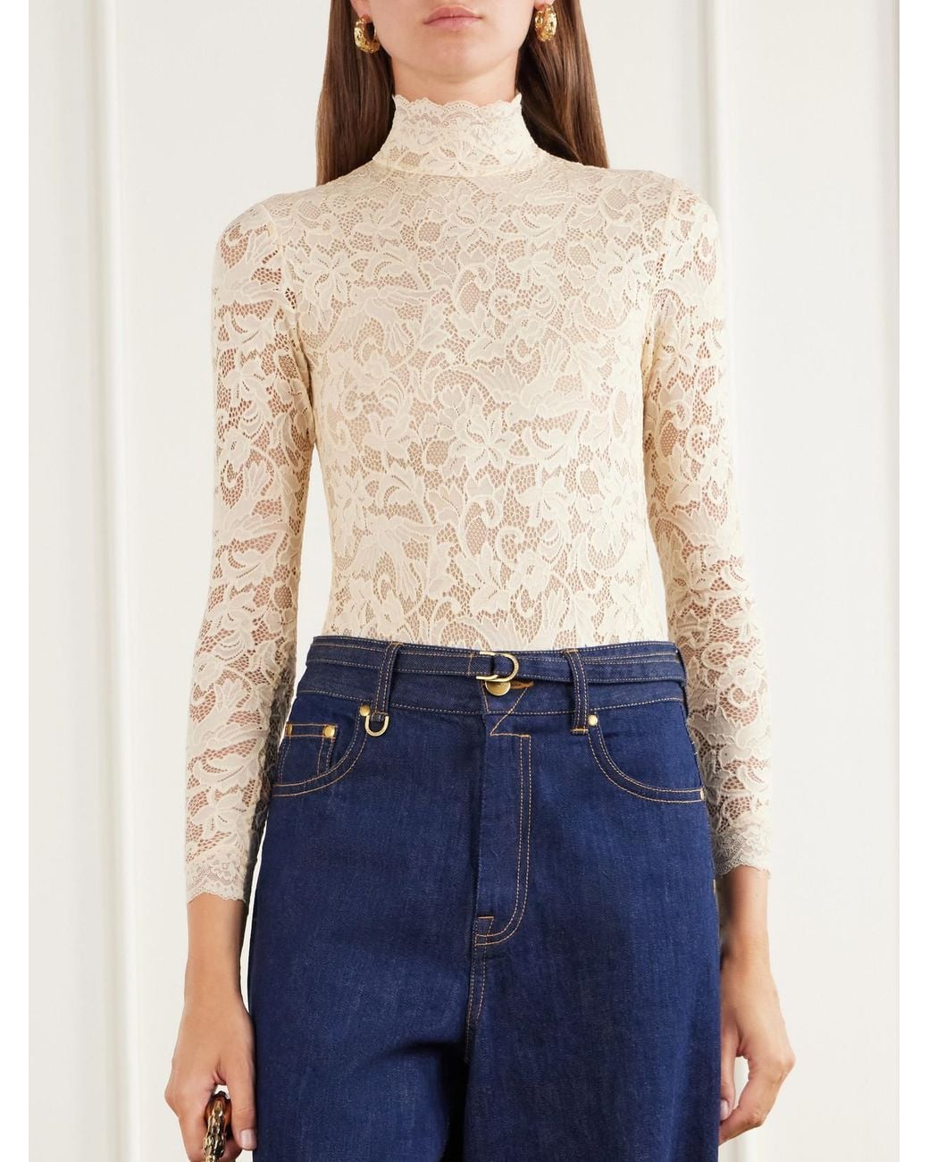 Zimmermann Natural Corded Lace Jersey Turtleneck Bodysuit