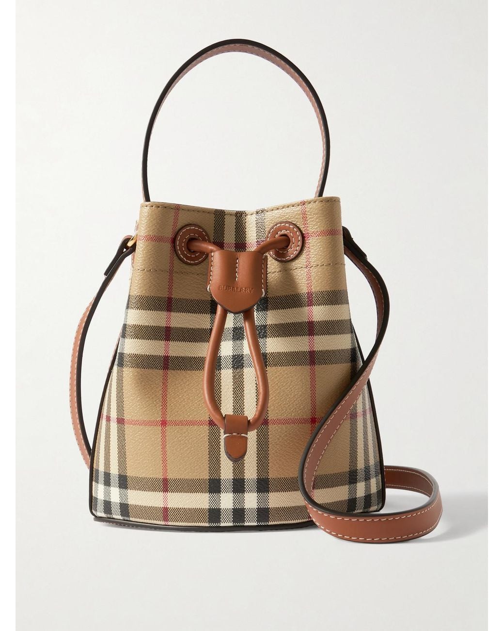 Burberry Natural Mini Leather-Trimmed Checked Bucket Bag