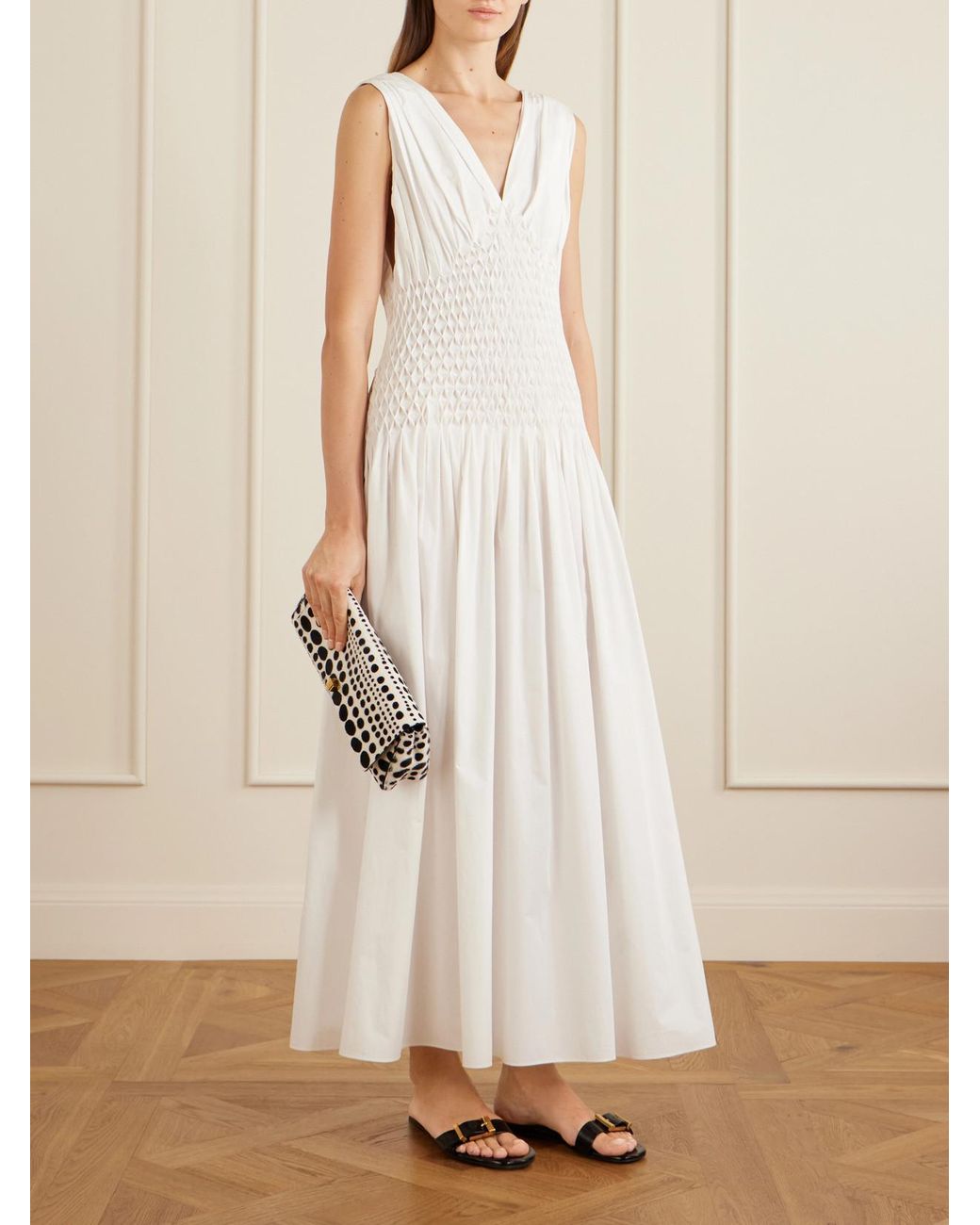 Khaite White Nola Smocked Cotton-Poplin Midi Dress
