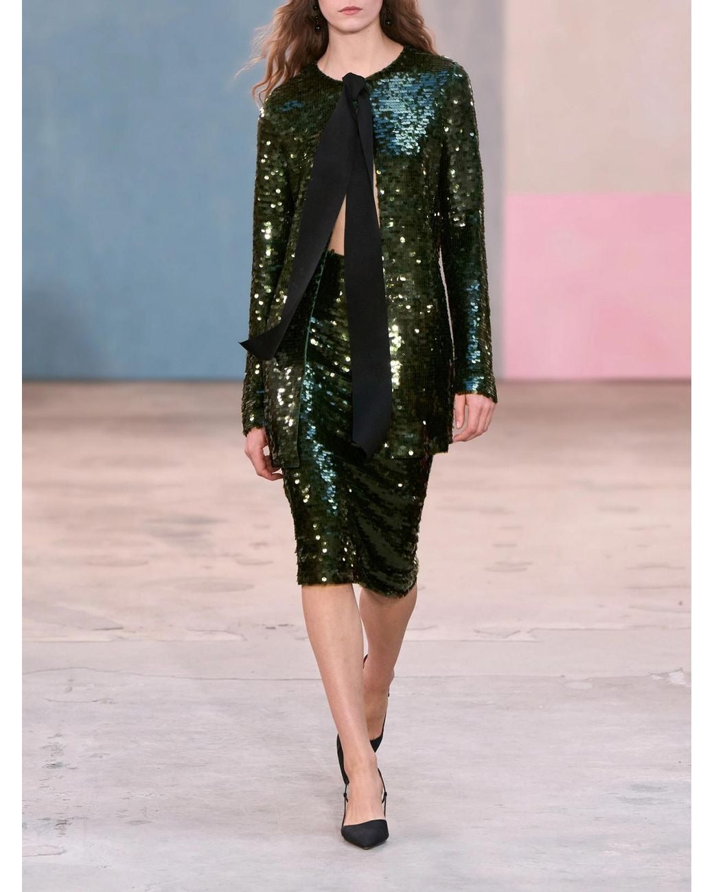 Carolina Herrera Green Bow-Detailed Sequined Knitted Cardigan