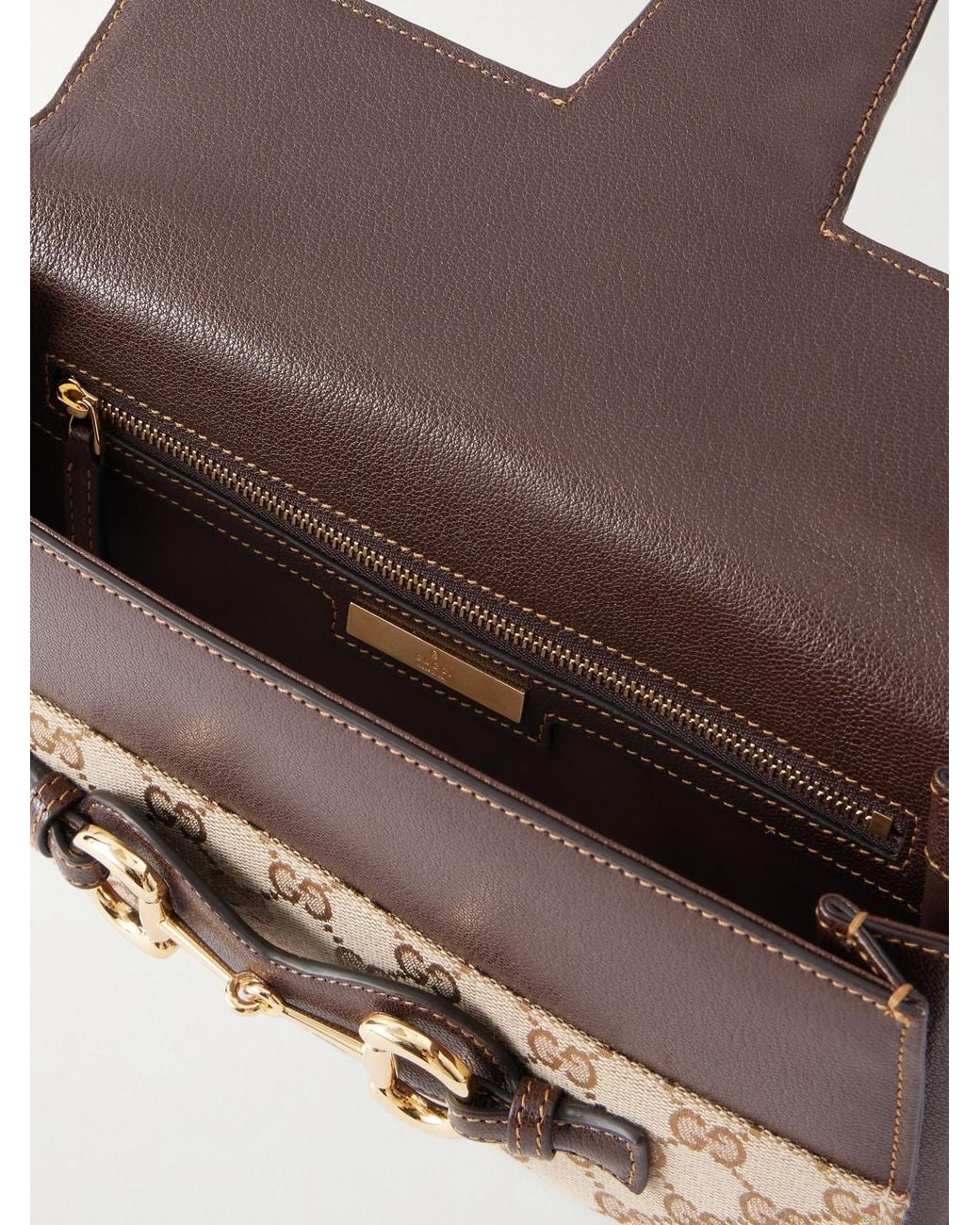 Gucci Natural Horsebit Ristretto Leather-Trimmed Canvas-Jacquard Shoulder Bag