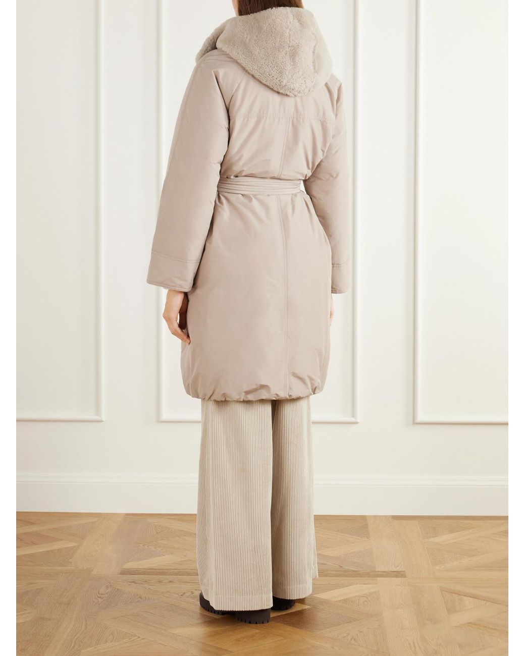 Brunello Cucinelli Natural Hooded Belted Plush-Trimmed Cotton-Blend Shell Down Coat