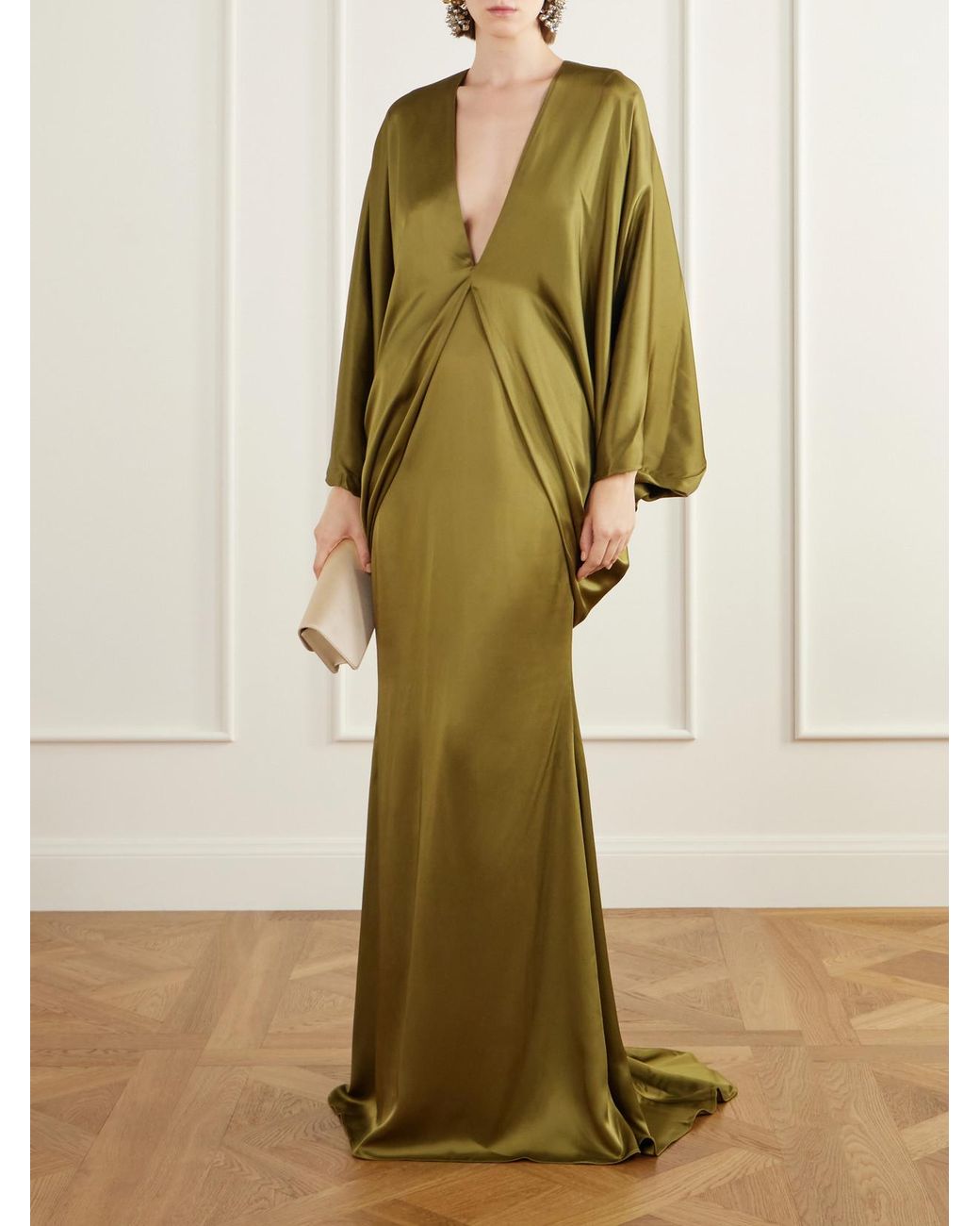 Taller Marmo Green Butterfly Draped Satin Gown