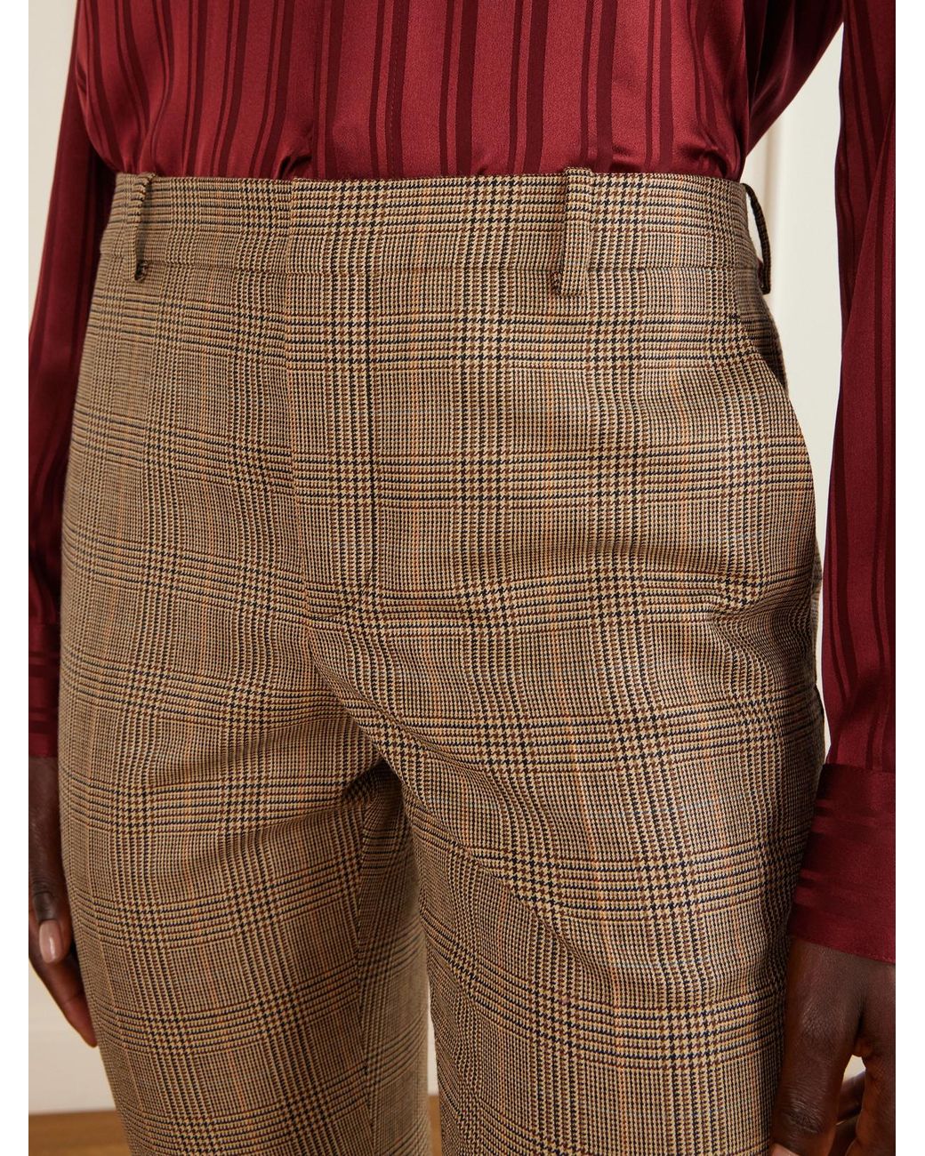 Saint Laurent Natural Prince Of Wales Checked Virgin Wool Flared Pants