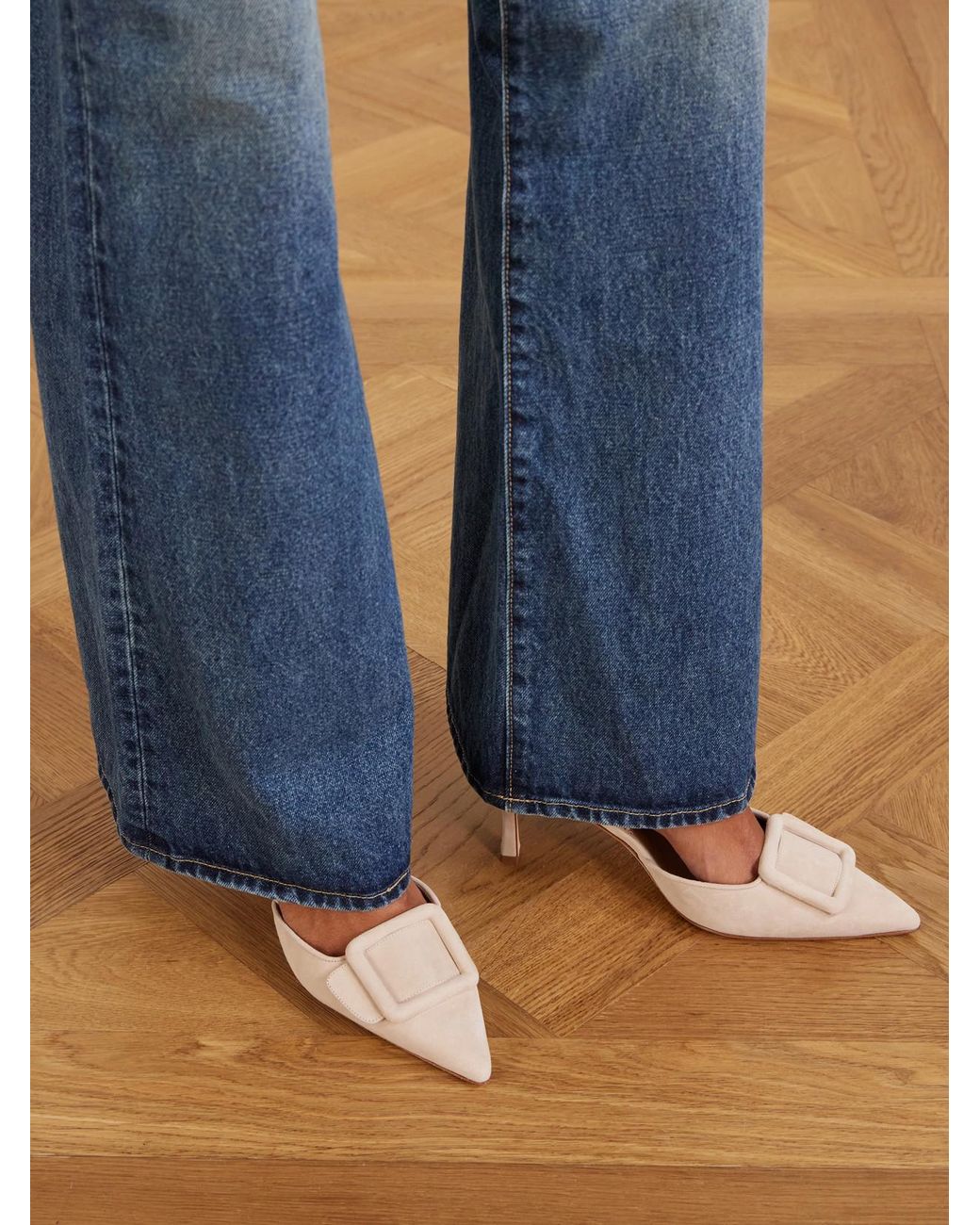 Manolo Blahnik Natural Maysli 70 Buckled Suede Slingback Pumps