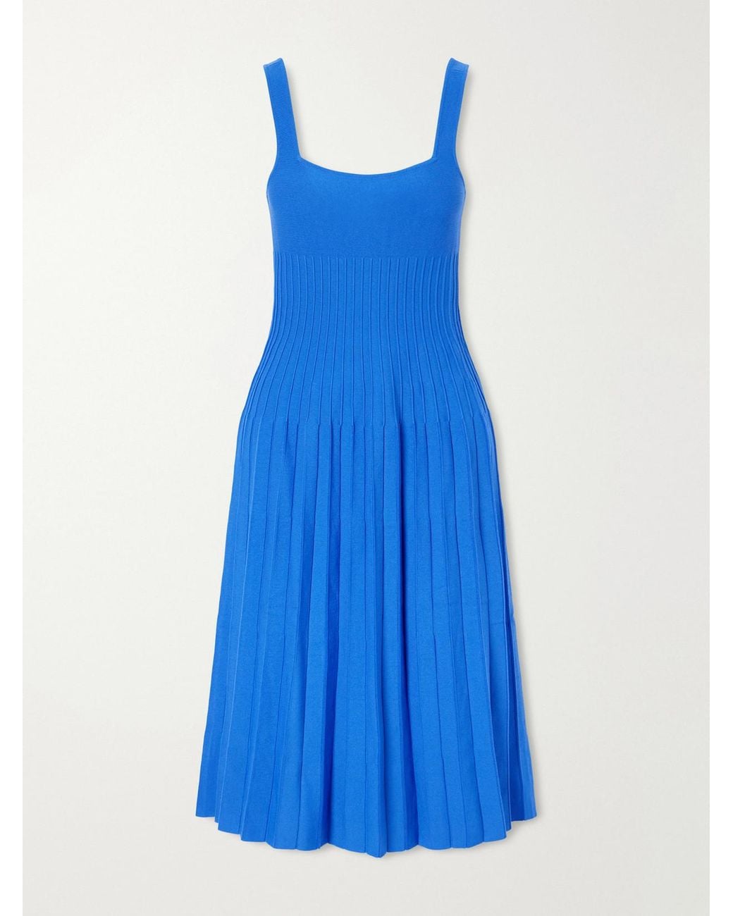 Staud Blue Ellison Pleated Knitted Stretch-Jersey Midi Dress
