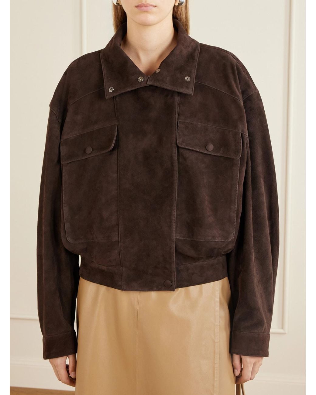 Nour Hammour Brown Quincy Cropped Paneled Suede Bomber Jacket