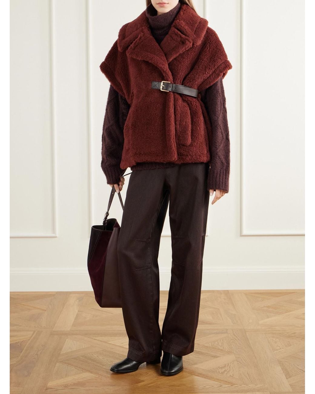 Max Mara Red Abavo Buckled Alpaca, Wool And Silk-Blend Fleece Cape