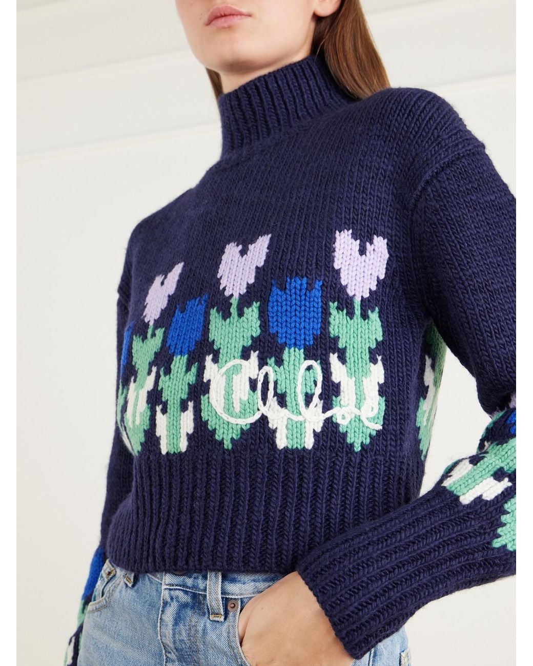Chloé Blue Cropped Mock-Neck Floral-Intarsia Wool Sweater