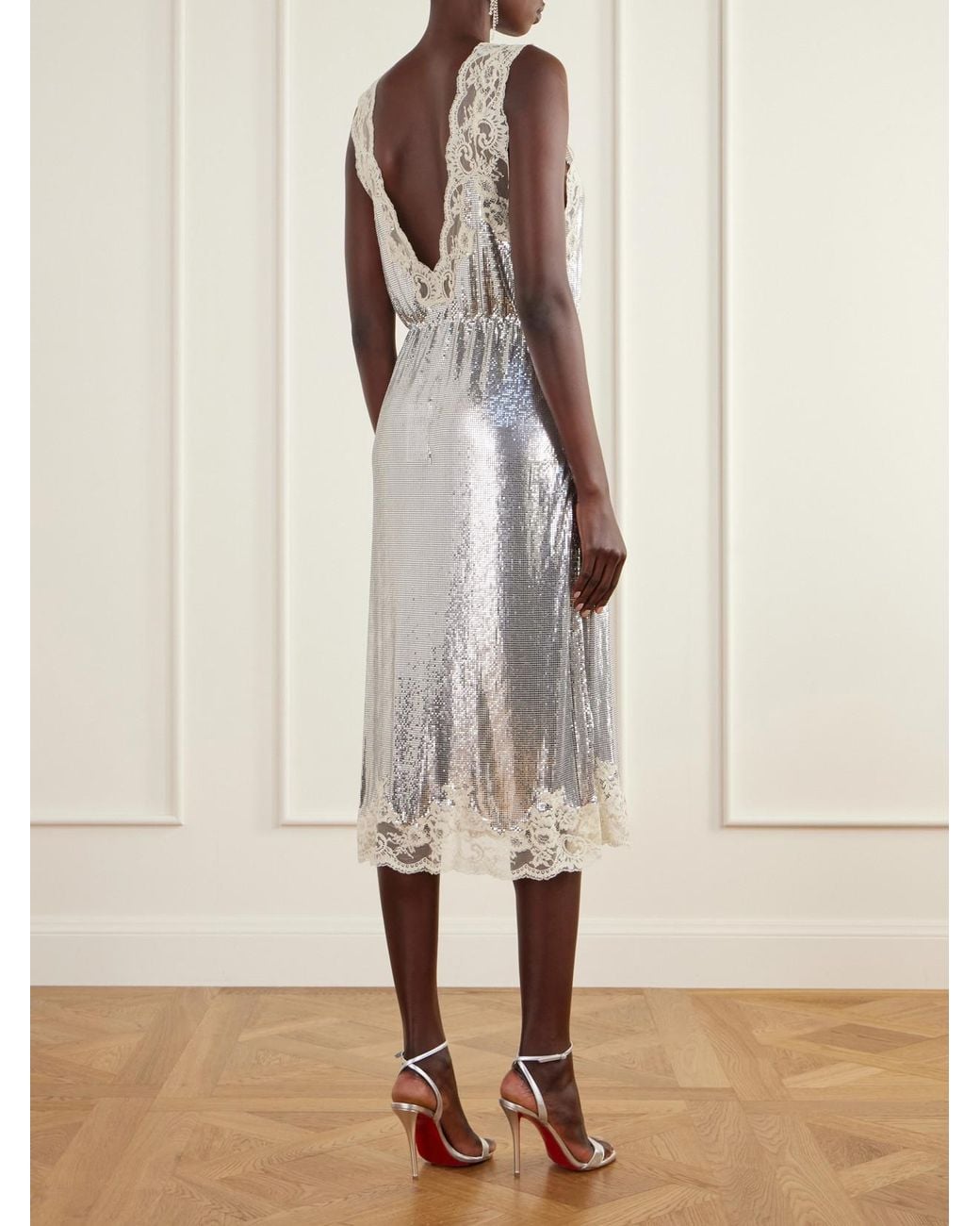Rabanne White Lace-Trimmed Chainmail Midi Dress