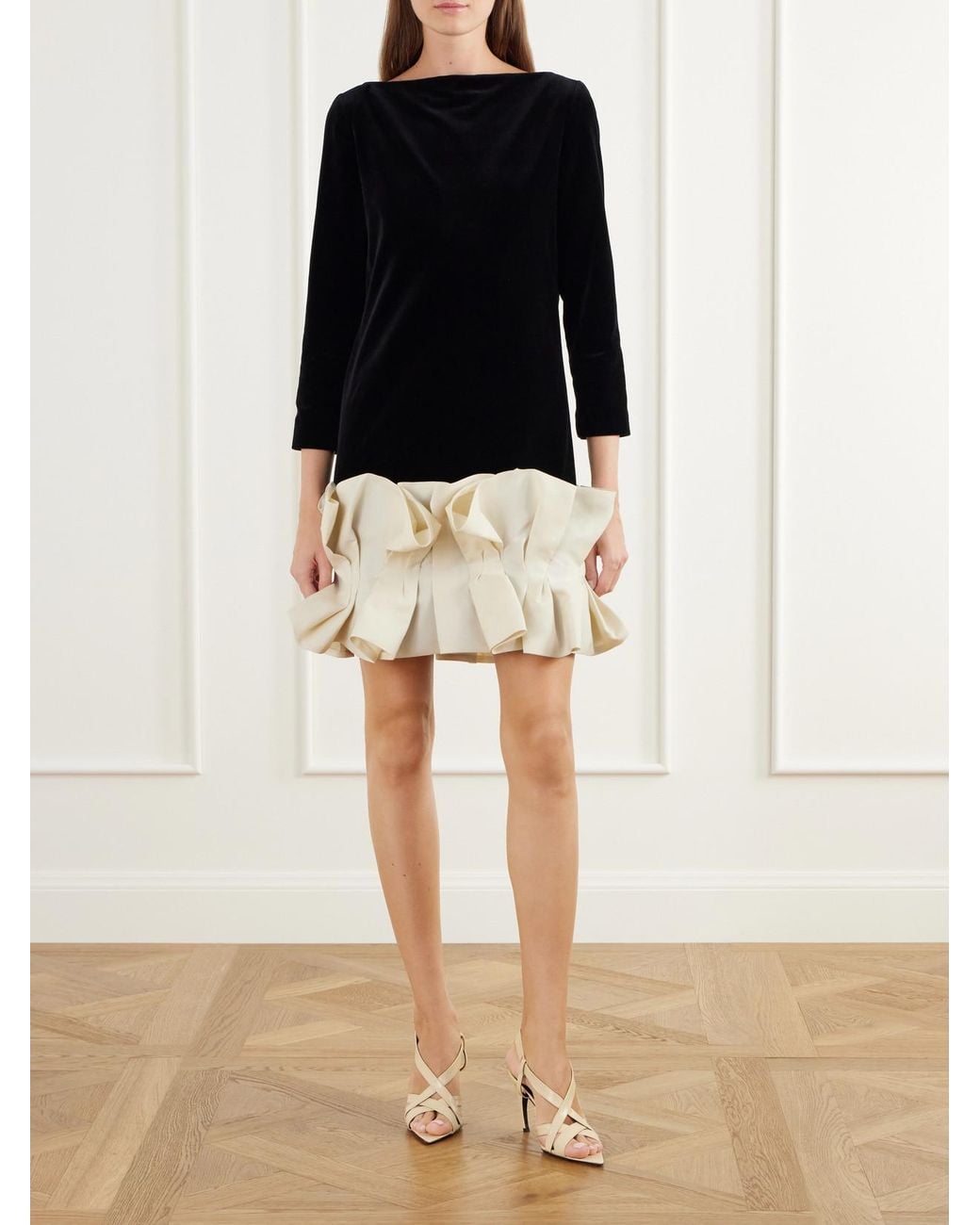 Khaite Black Valetta Two-Tone Ruffled Cotton-Velvet Mini Dress