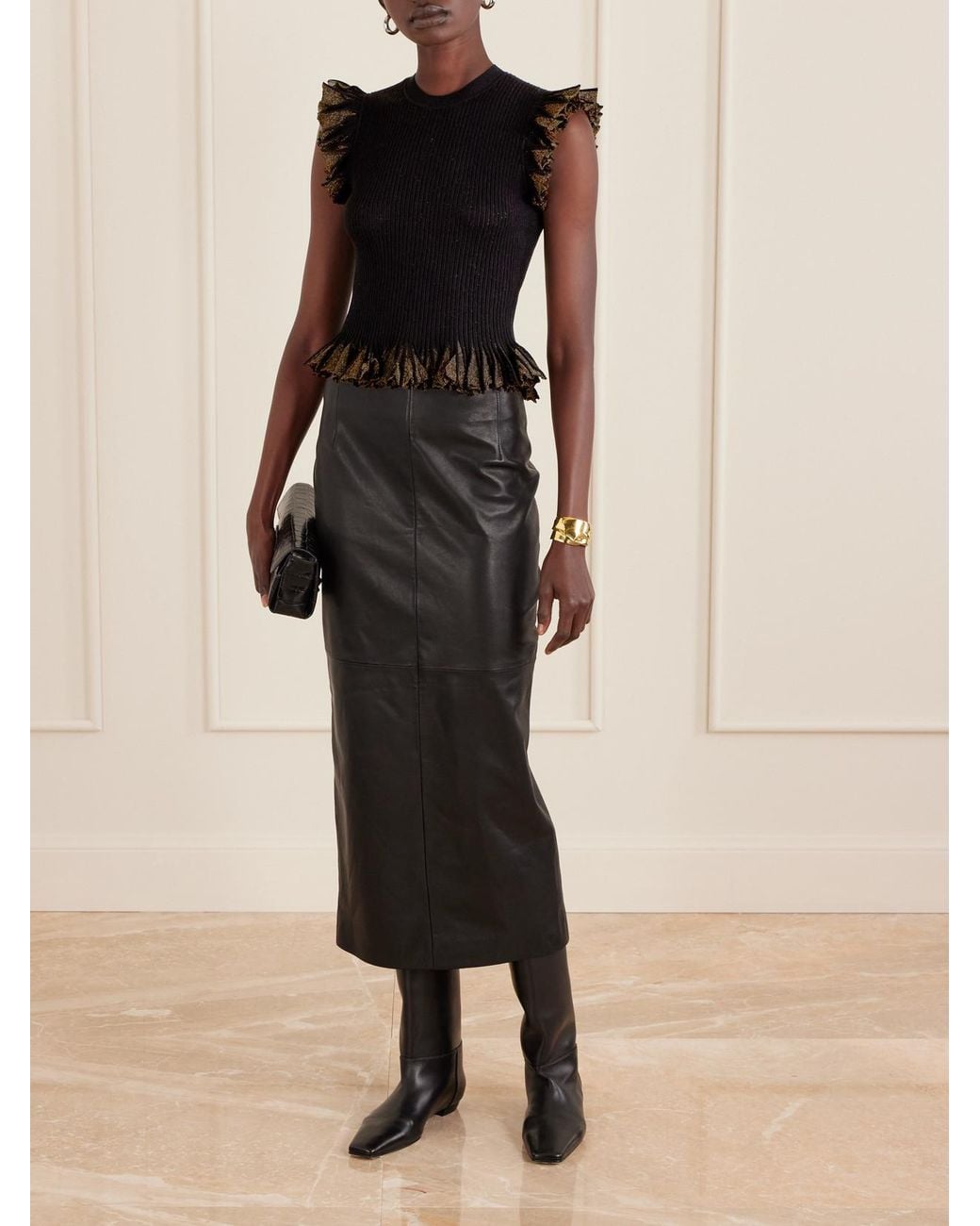 Ulla Johnson Black Leila Ruffled Ribbed Metallic-Knit Top