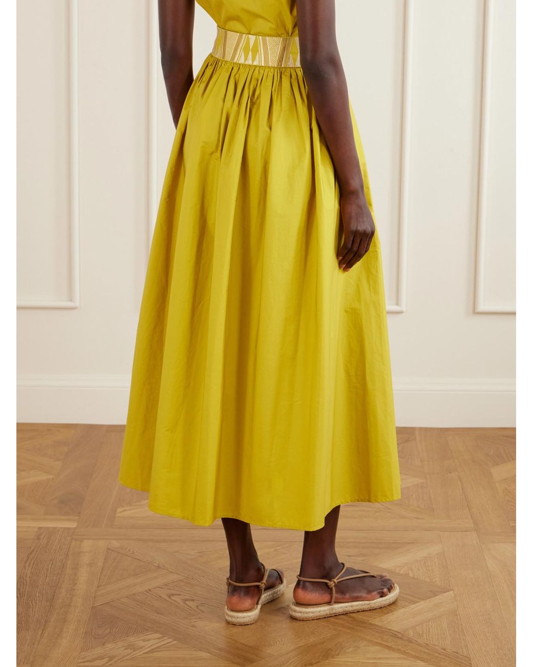 Emporio Sirenuse Yellow Ombretta Embroidered Cotton-Blend Poplin Midi Skirt