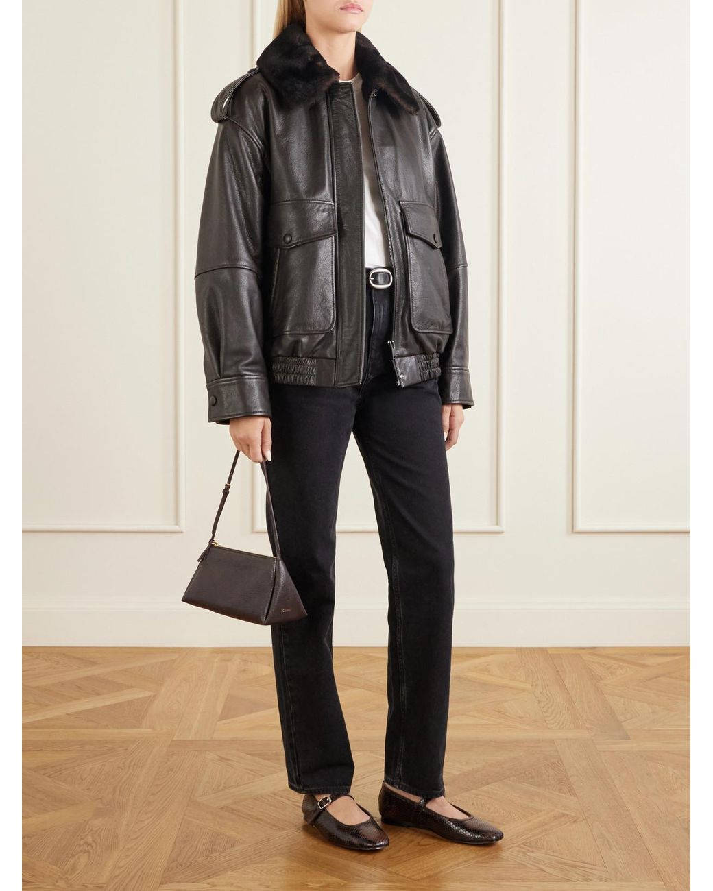 Loulou de Saison Black Russo Shearling-Trimmed Leather Jacket
