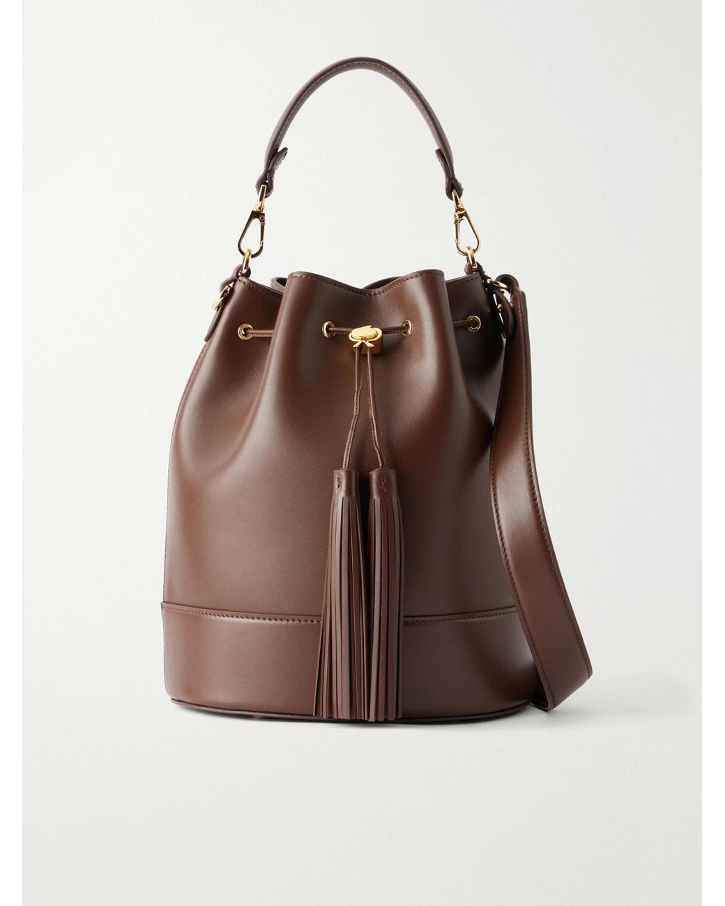 Gianvito Rossi Brown Sienna Tasseled Leather Drawstring Bucket Bag