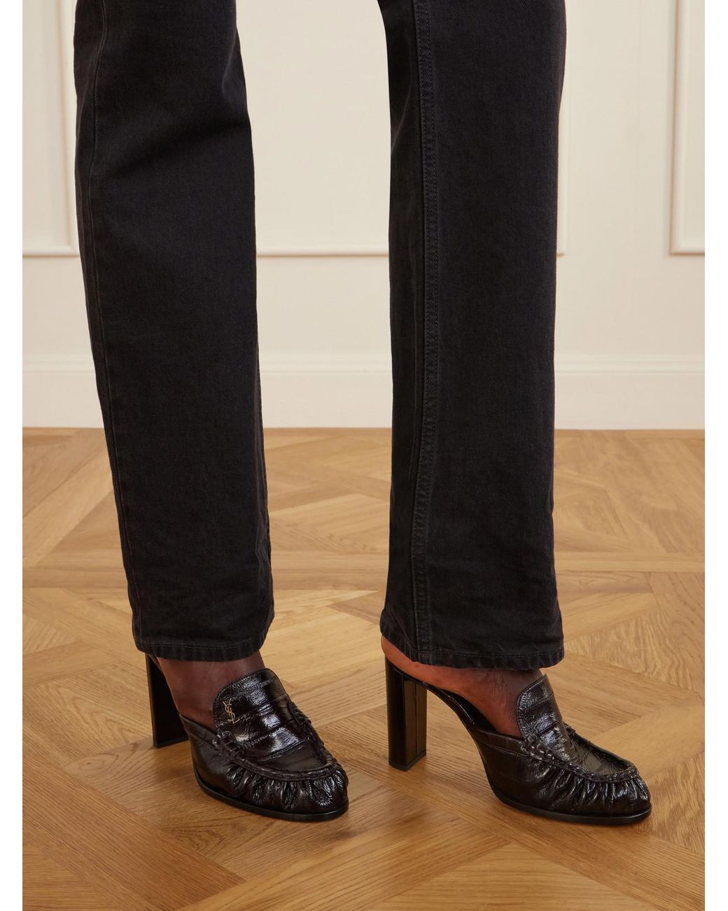 Saint Laurent Black Le Loafer Cassandre-Embellished Eel Mules