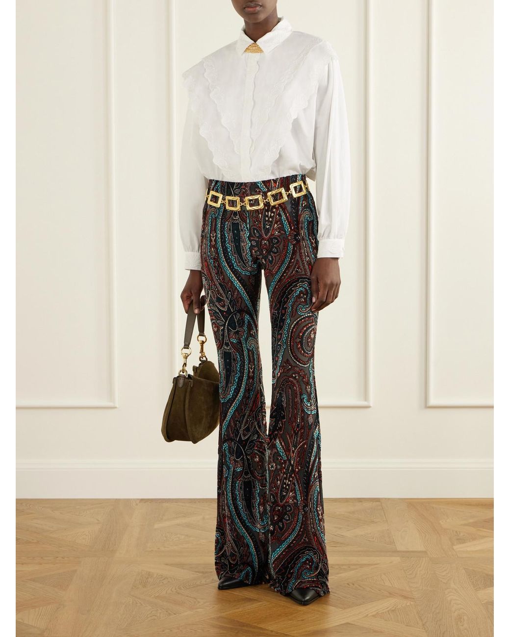 Etro Black Paisley-Appliquéd Mesh Flared Pants